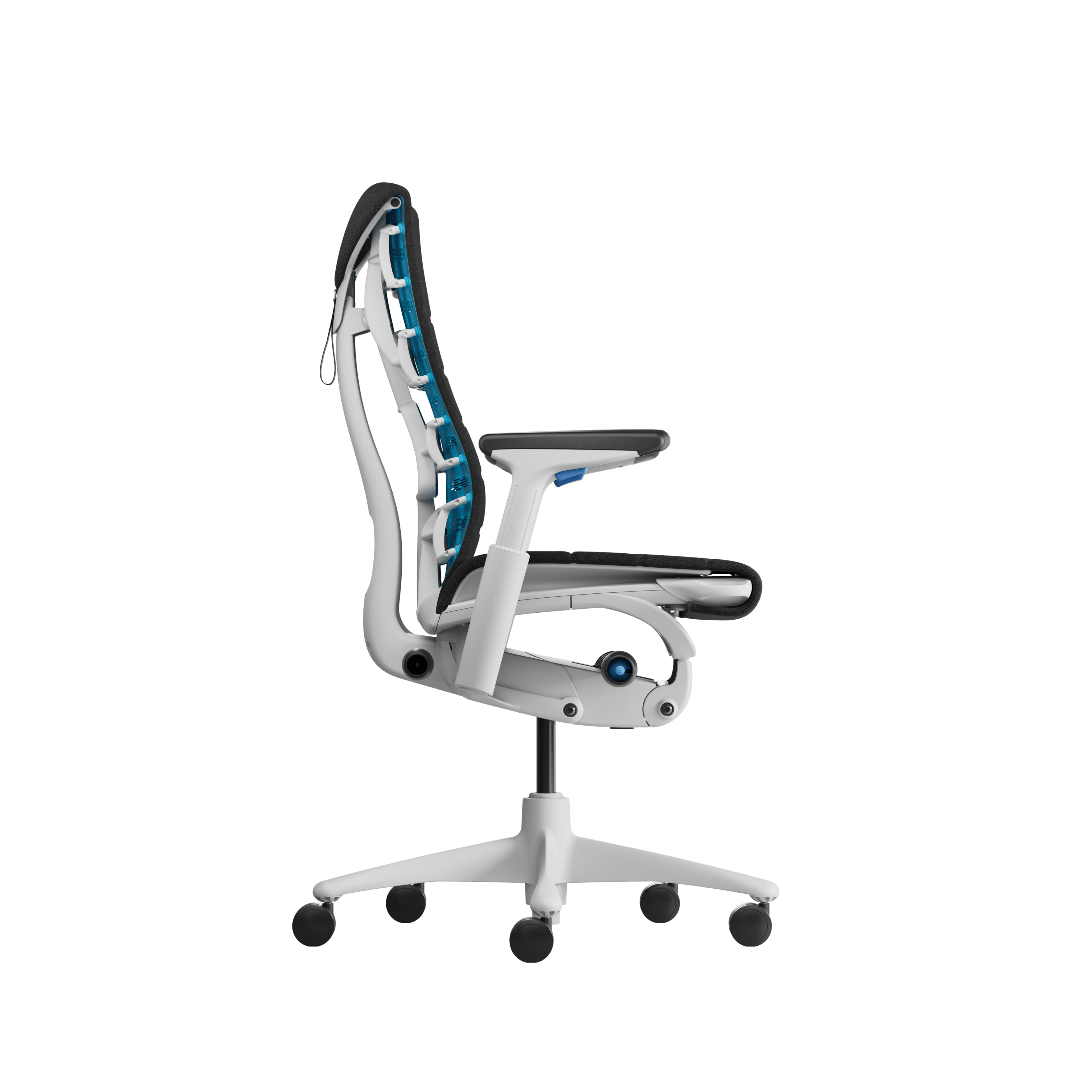 Embody Gaming Chair in White, Black and Cyan viewed from the  side