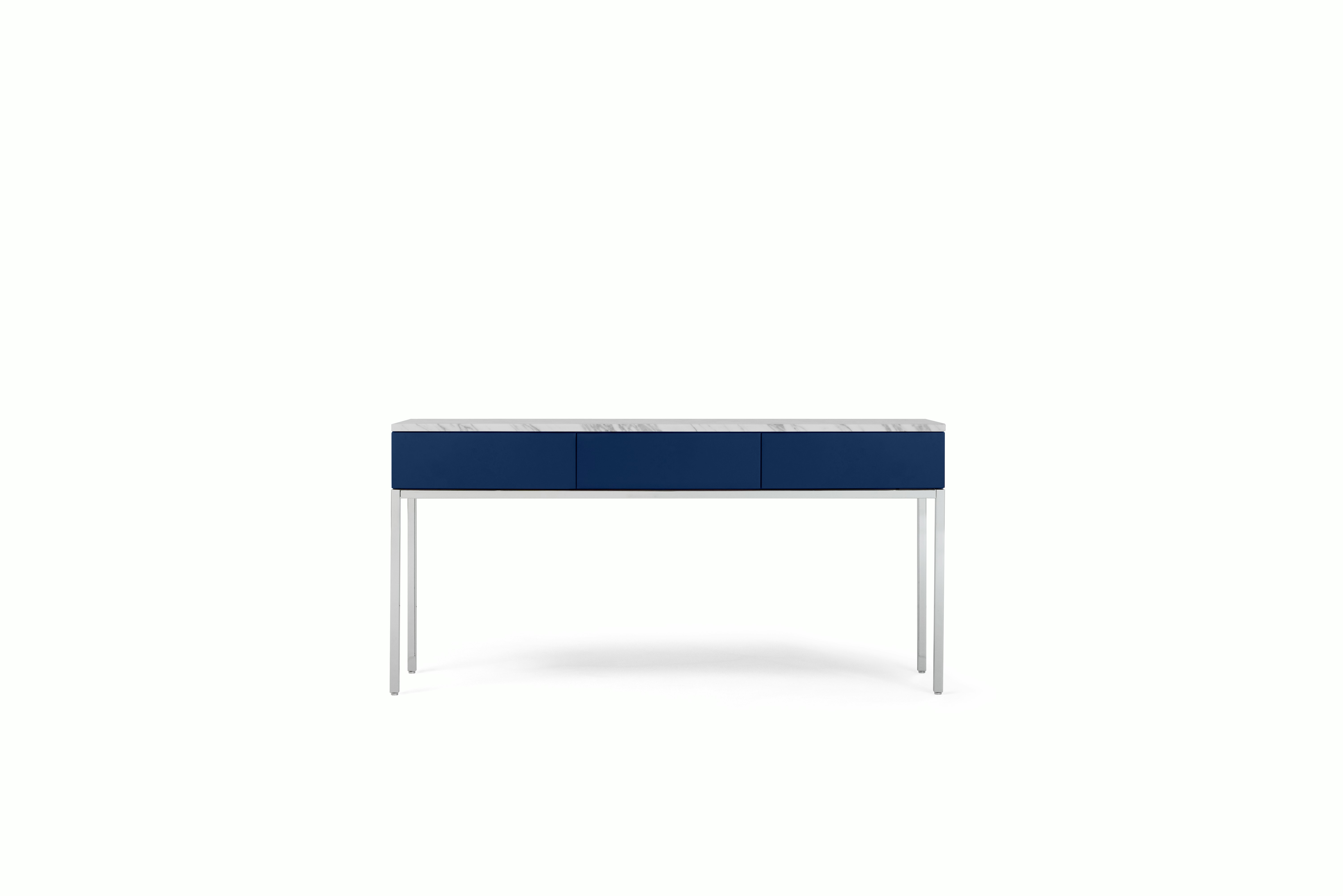 A Knoll Chermayeff Console Table in Iris Lacquer, Carrara Polished Coated Marble viewed from the front.