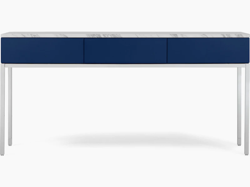 A Knoll Chermayeff Console Table in Iris Lacquer, Carrara Polished Coated Marble viewed from the front.