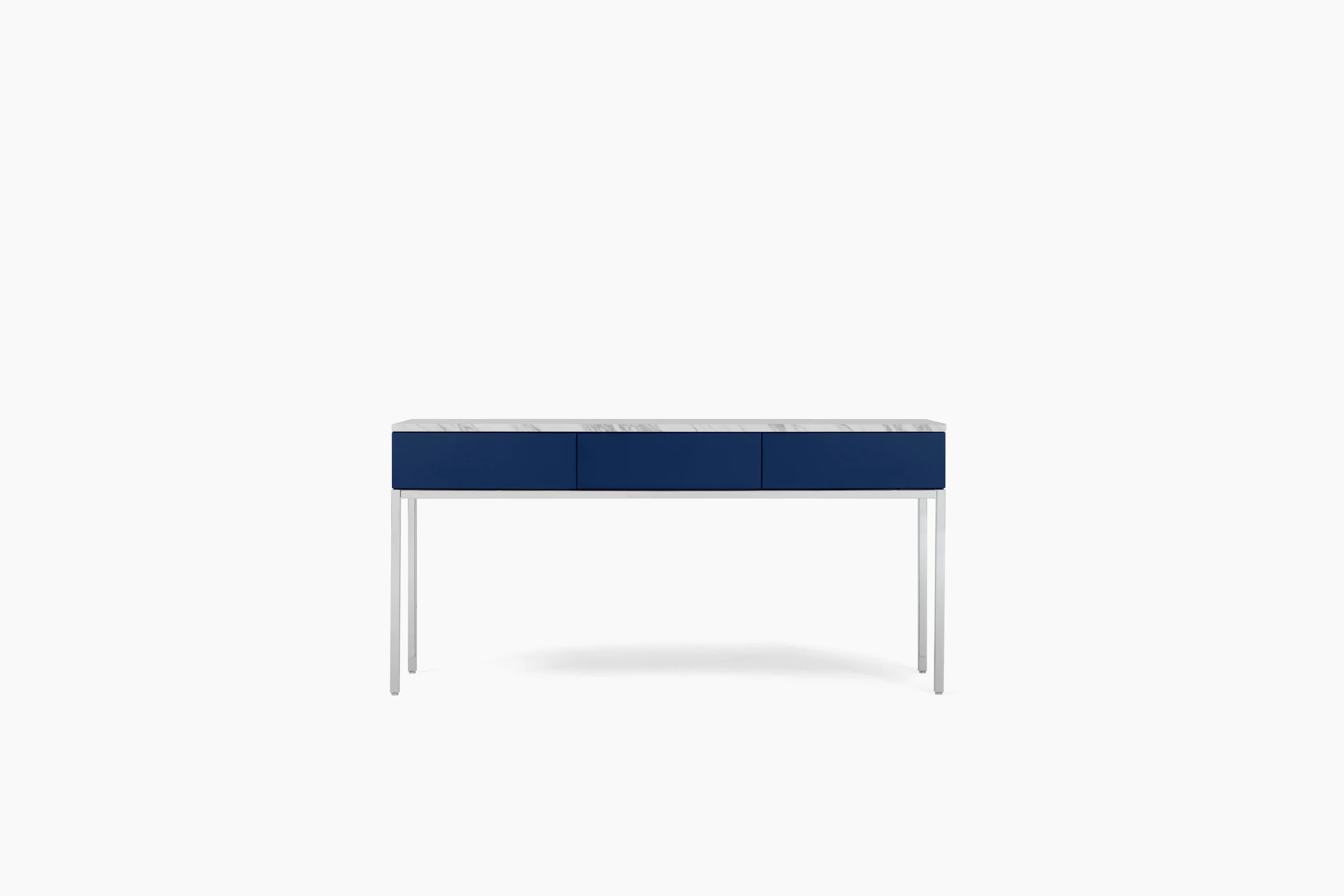 A Knoll Chermayeff Console Table in Iris Lacquer, Carrara Polished Coated Marble viewed from the front.