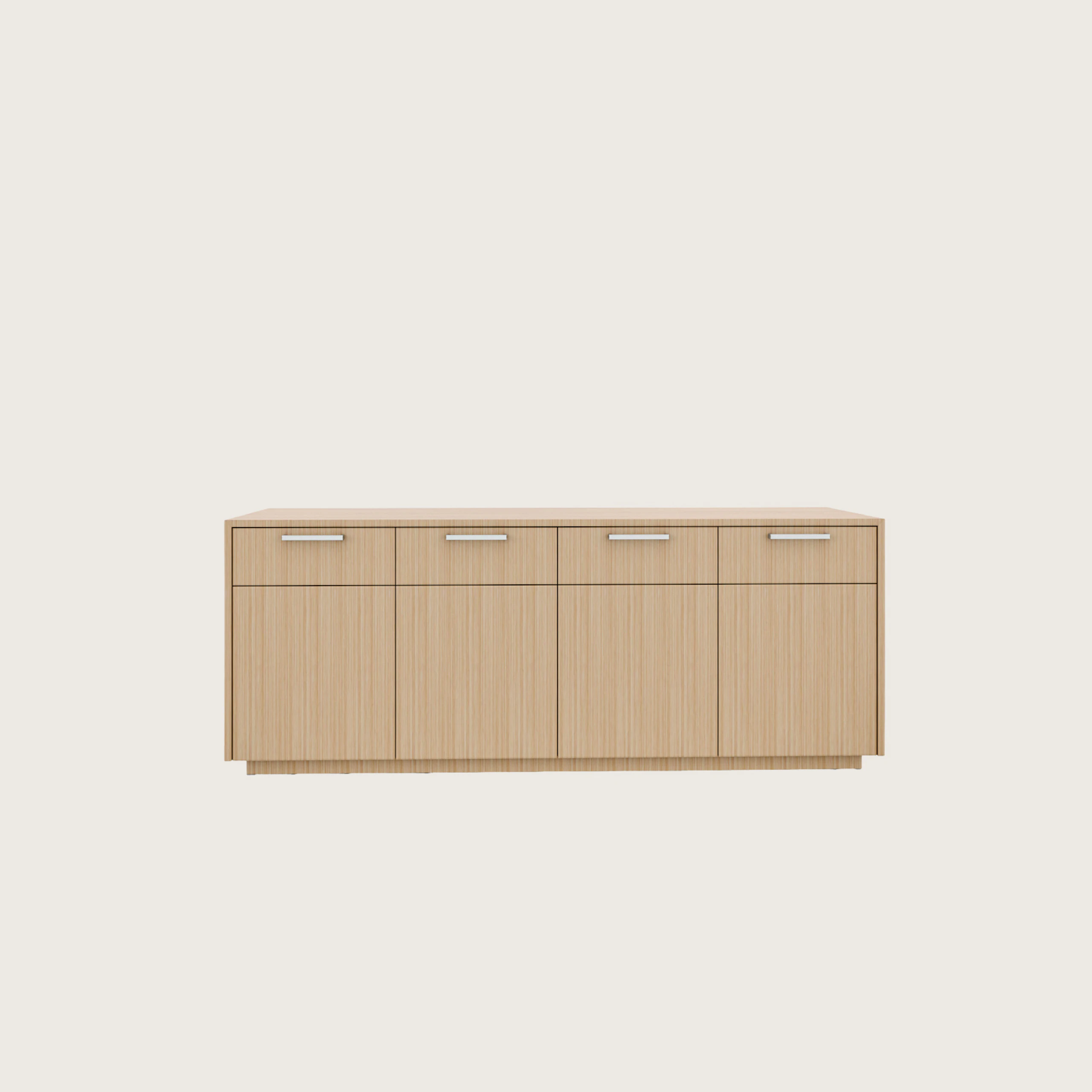 Highline 50 Credenza in Rift Cut European White Oak with Polished Chrome pulls, front view.