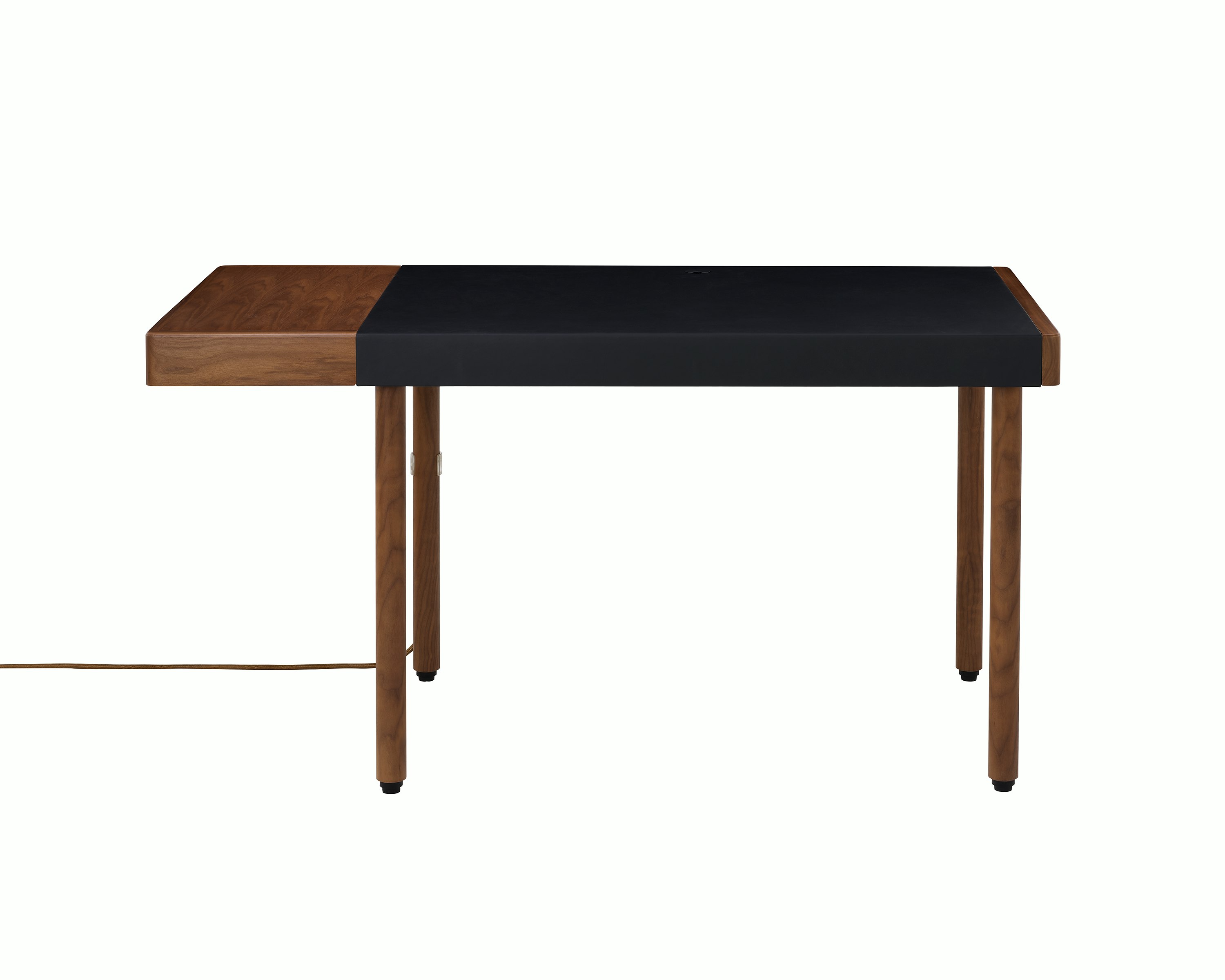 New Canaan Leatherwrap Sit-to-Stand Desk in Walnut and Black Leather, one drawer, with cord, front view.