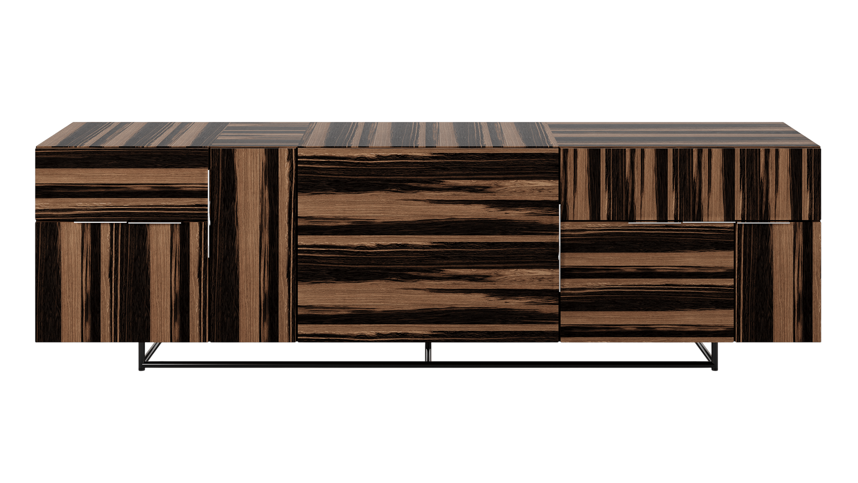 Three unit wide Domino Credenza with mixed storage in ebony with a black base viewed from the front.
