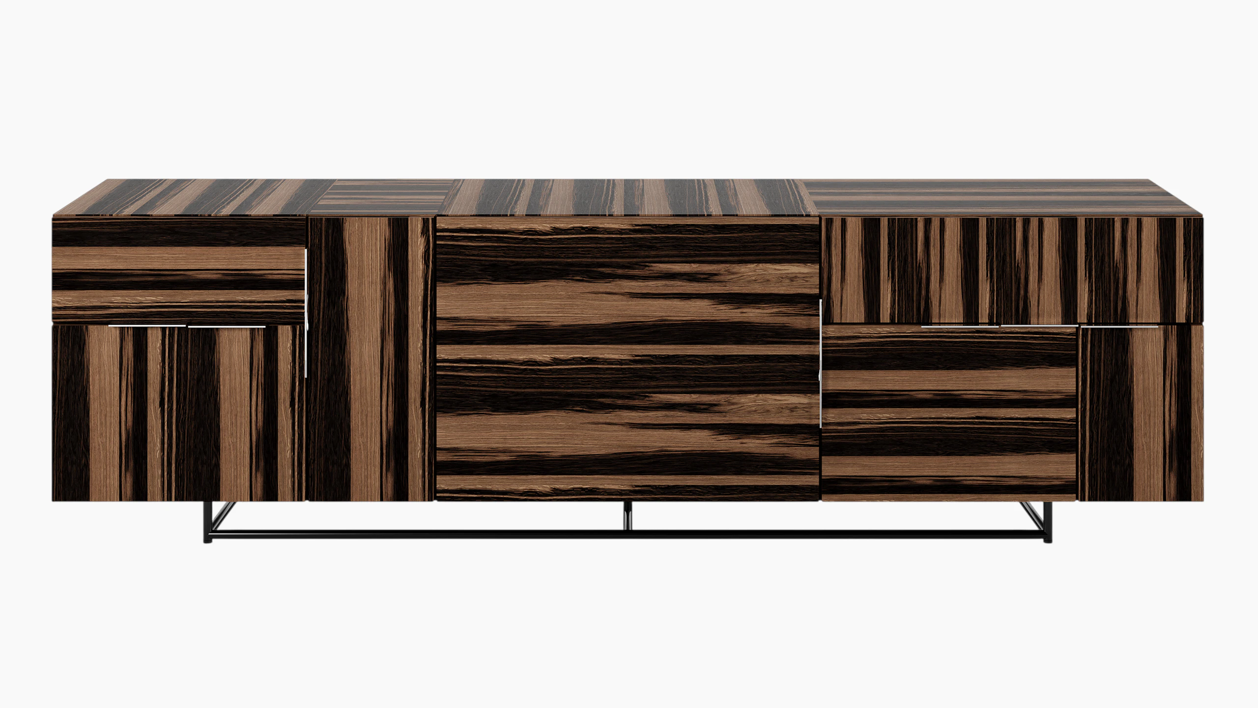 Three unit wide Domino Credenza with mixed storage in ebony with a black base viewed from the front.