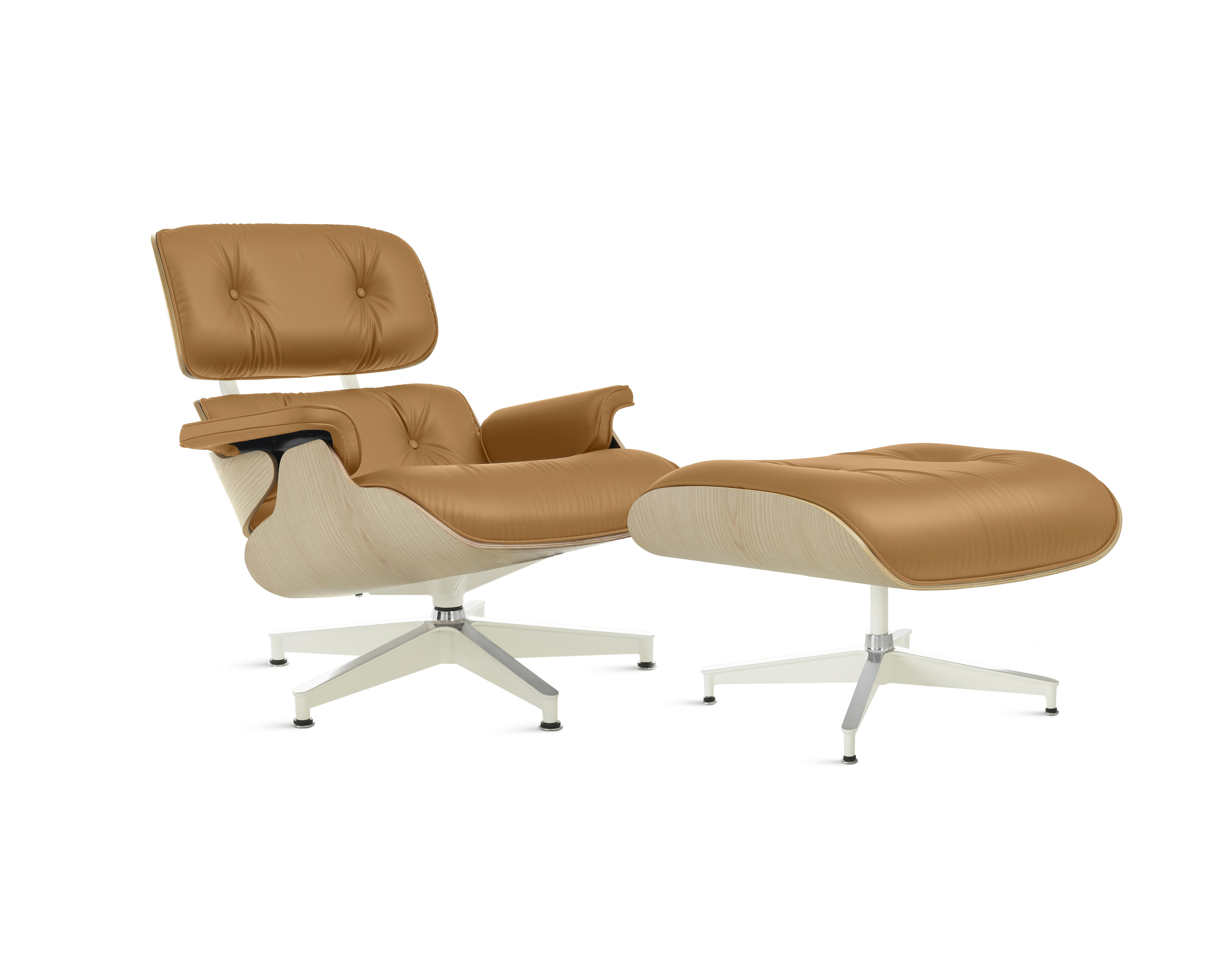 Eames Lounge & Ottoman,  3/4 View - White Ash - All Grain Leather,  Butter