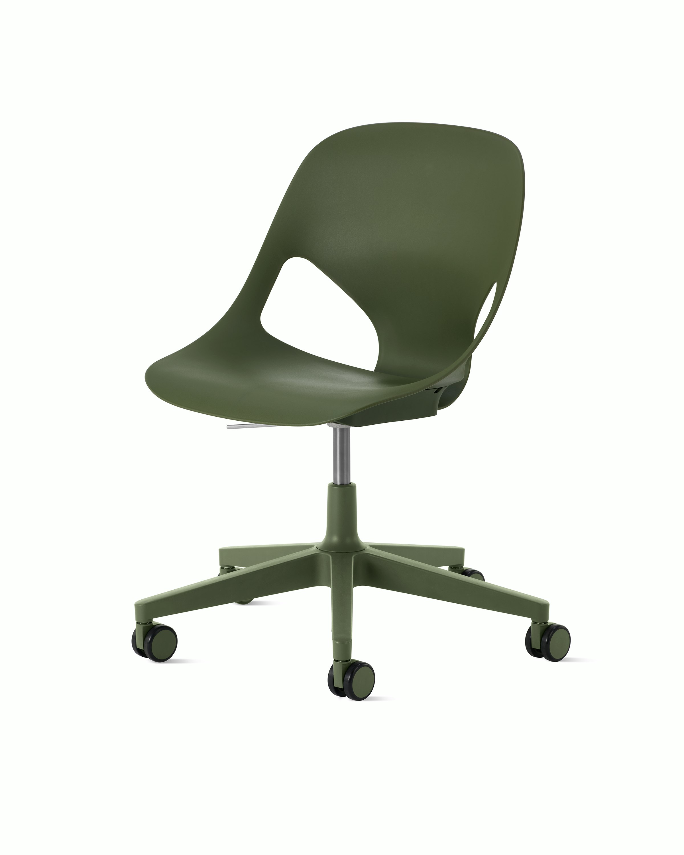 Front angle view of an olive armless Zeph chair.