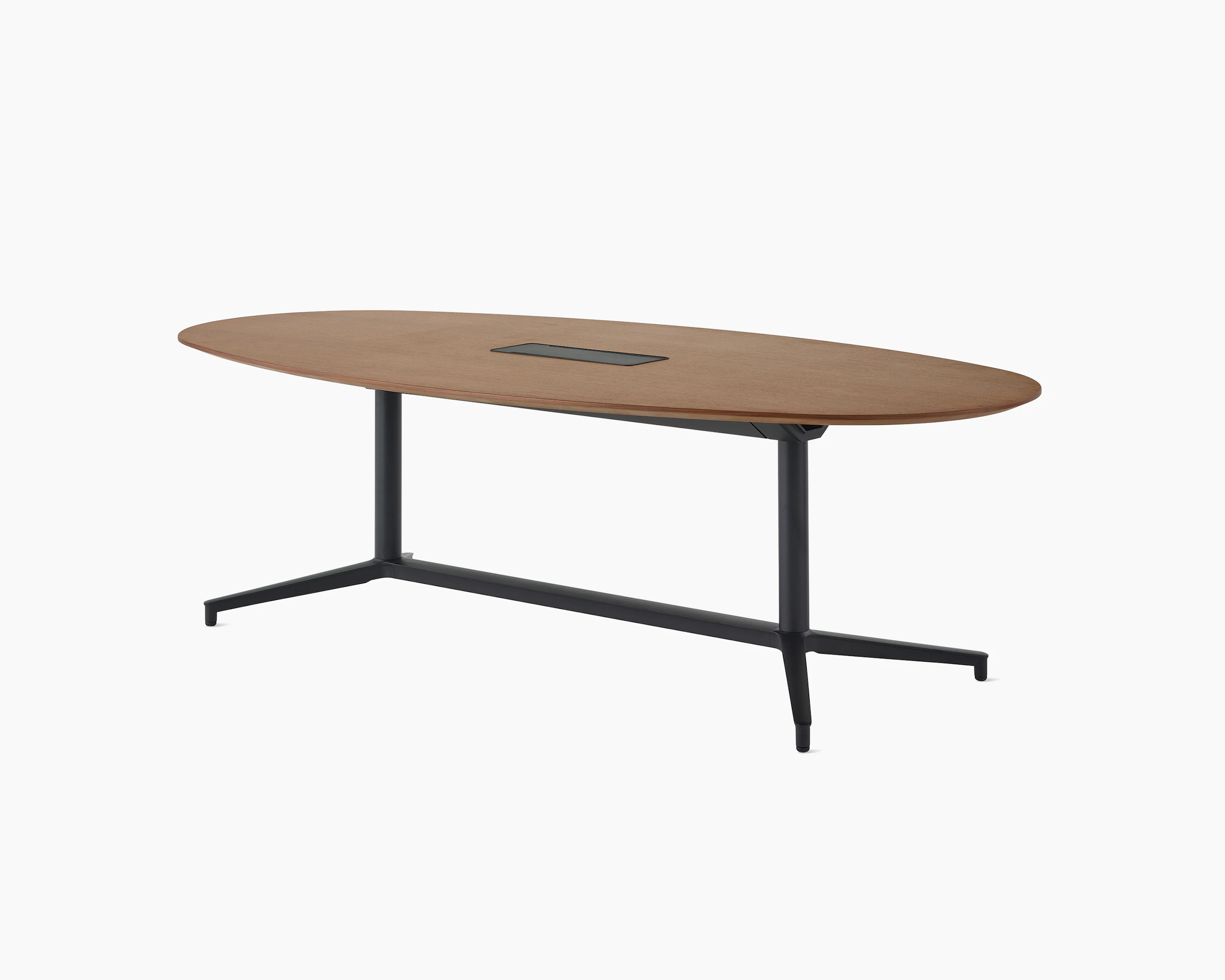An oval Y base Headway conference table with a medium wood top and black base viewed at a 45-degree angle.
