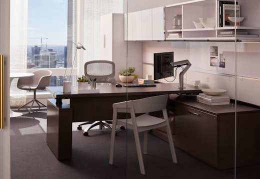 Knoll Reff Profiles private office height adjustable desk Sapper XYZ monitor arm Sparrow light Saarinen dining table Saarinen meeting table Muuto Cover Chair Muuto Fiber Chair swivel base guest seating guest chair accessories private office 