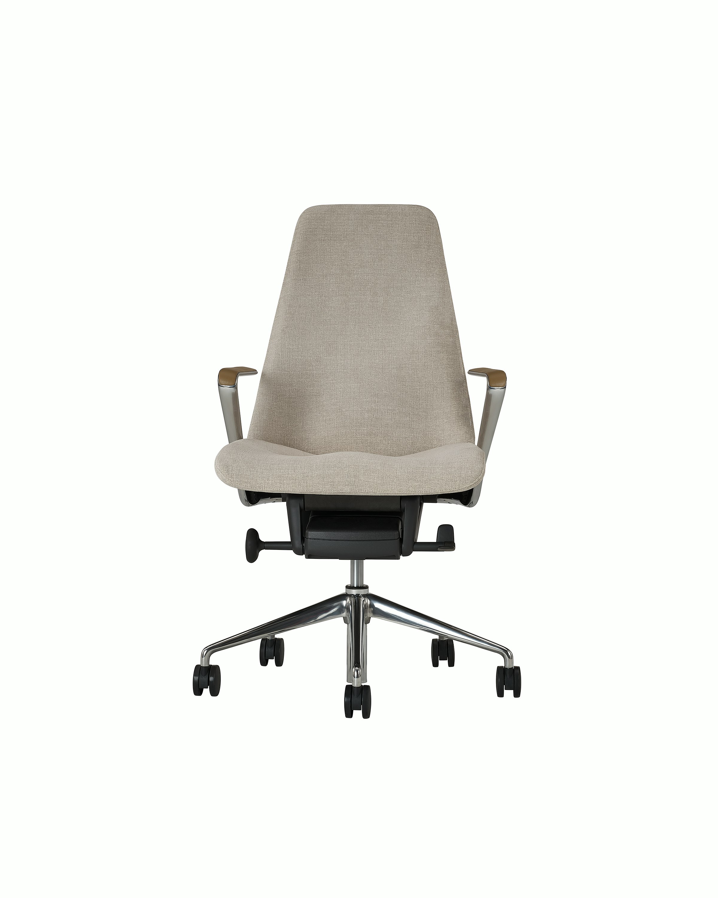 Taper Chair designed by Mark Goetz upholstered in Ingenue in Sand Mix with leather arm pads in Prone Leather in Burlap and a polished chrome base, shown front-facing on a white sweep.