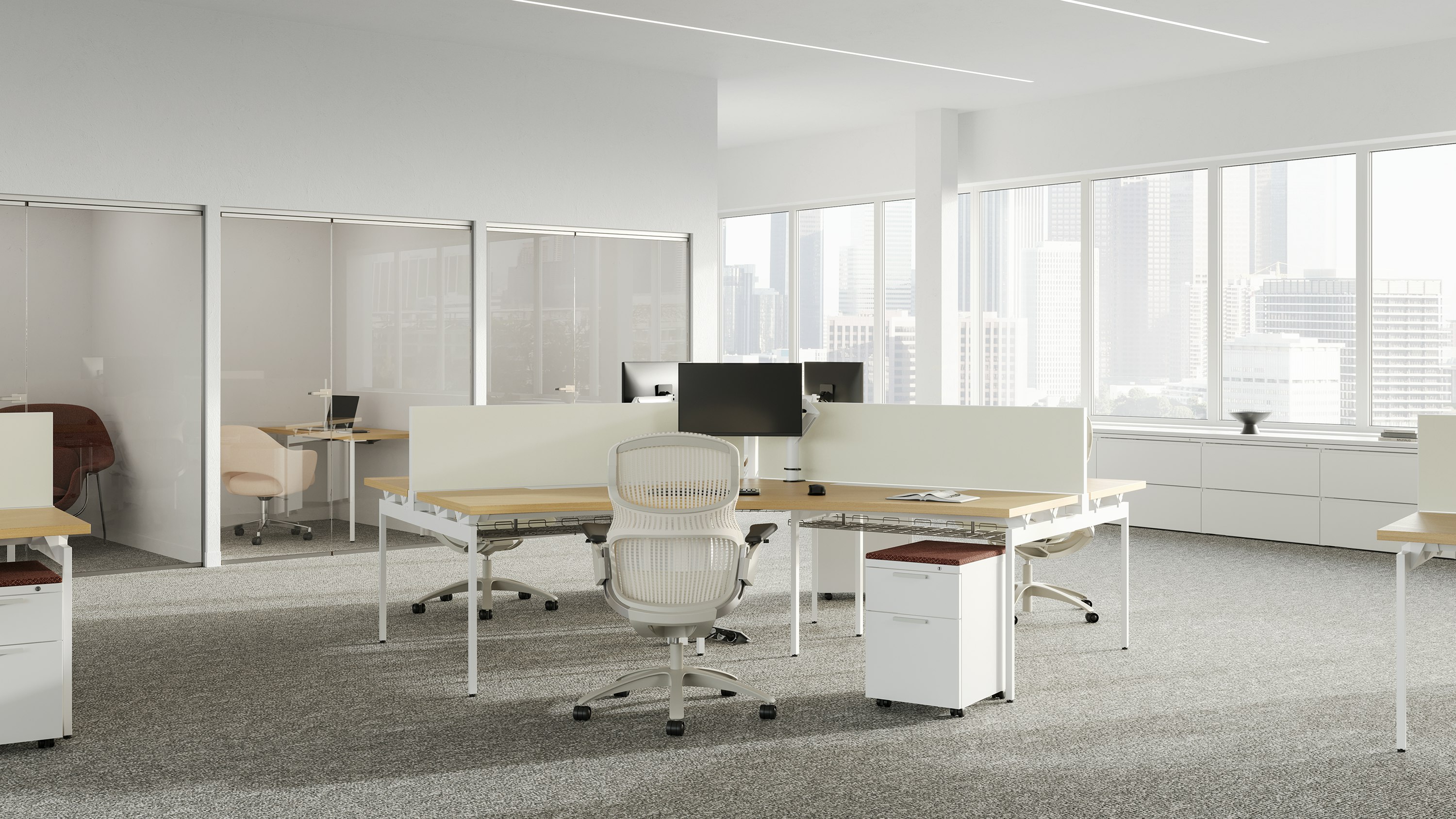 White and brown Antenna Big Table in a 120 degree configuration, with white Generation Chairs and white Series 2 mobile pedestals.