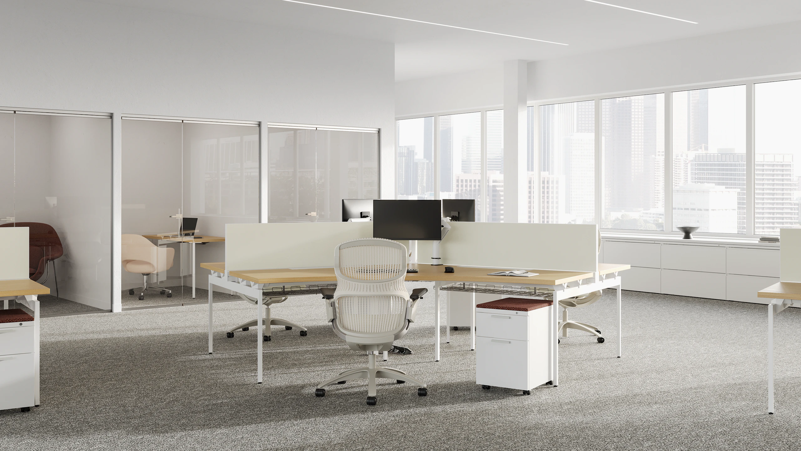 White and brown Antenna Big Table in a 120 degree configuration, with white Generation Chairs and white Series 2 mobile pedestals.