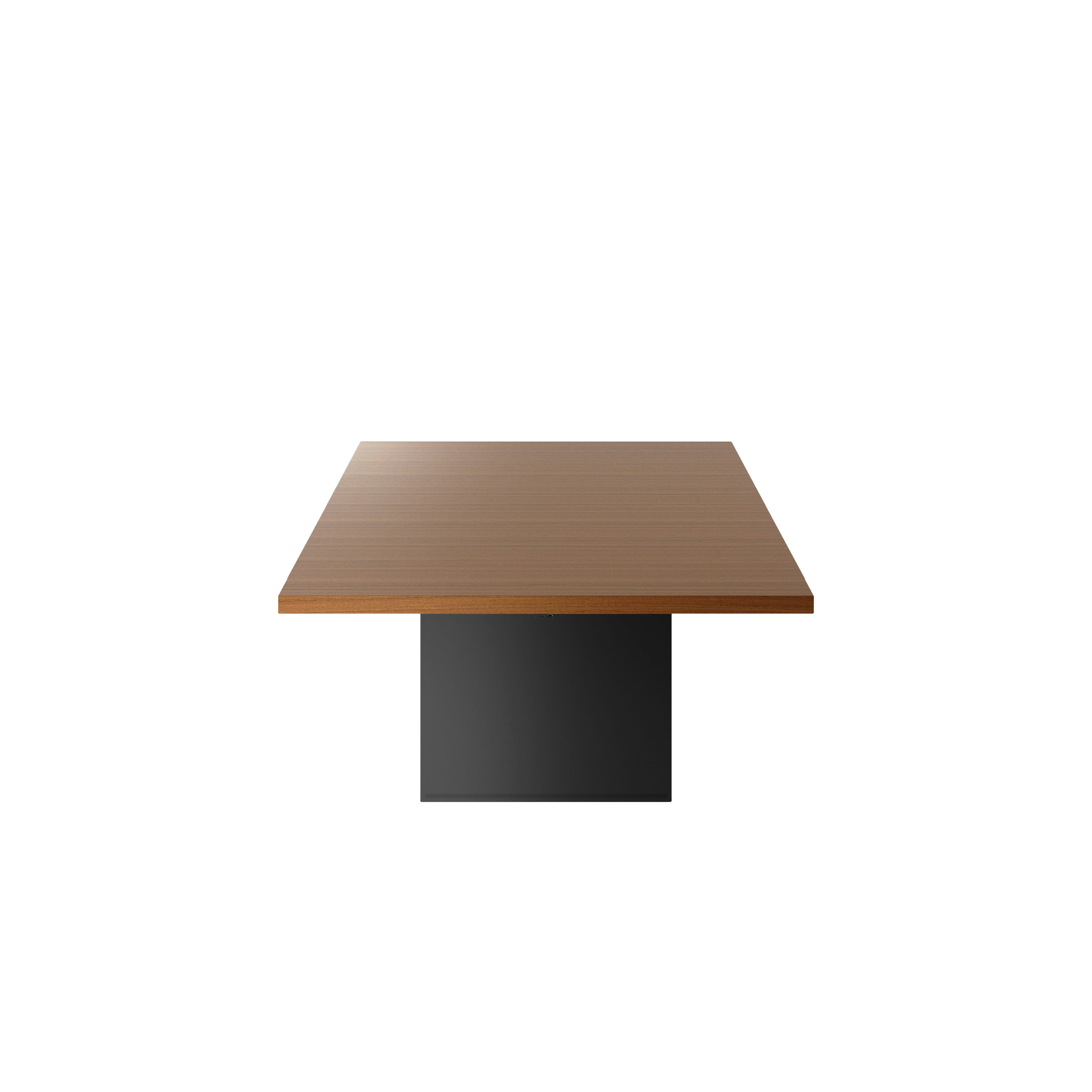 Rectangular JD Conference Table with a Natural Quarter Cut Walnut tabletop and Black base viewed from the side.
