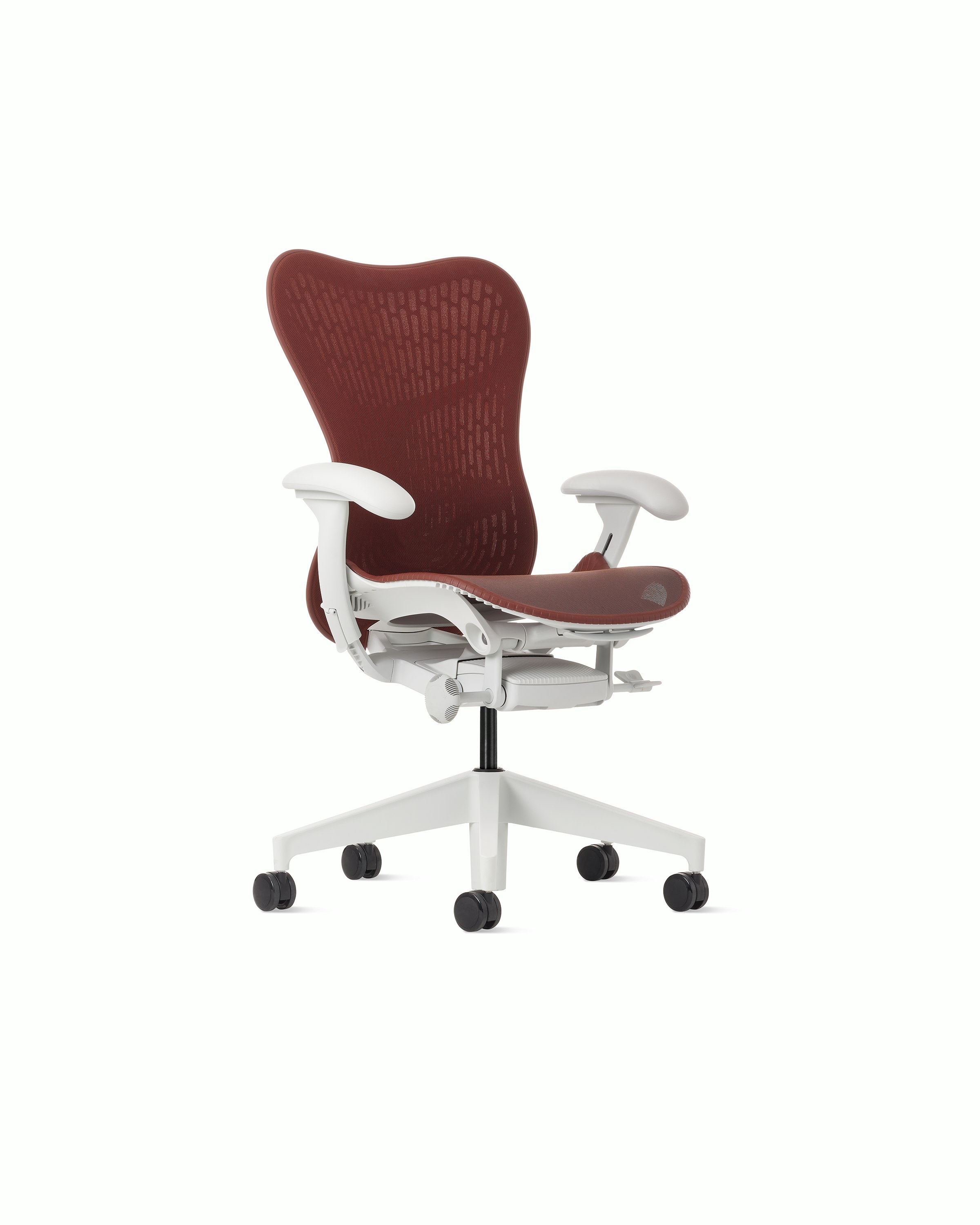 Front angle view of a Mirra 2 chair with a Butterfly back in cordovan and alpine frame.