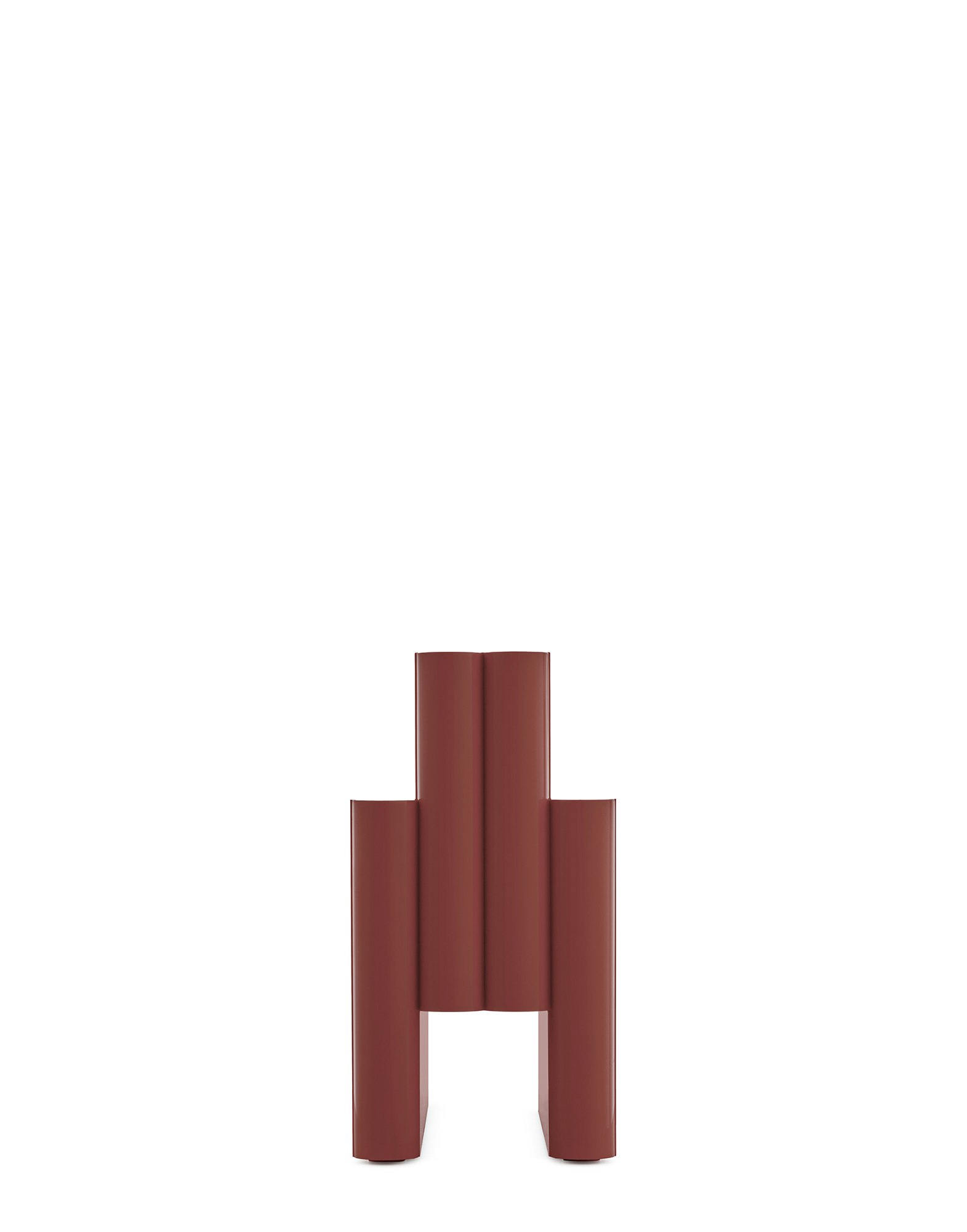 A Magazine Rack in Burgundy viewed from the side.