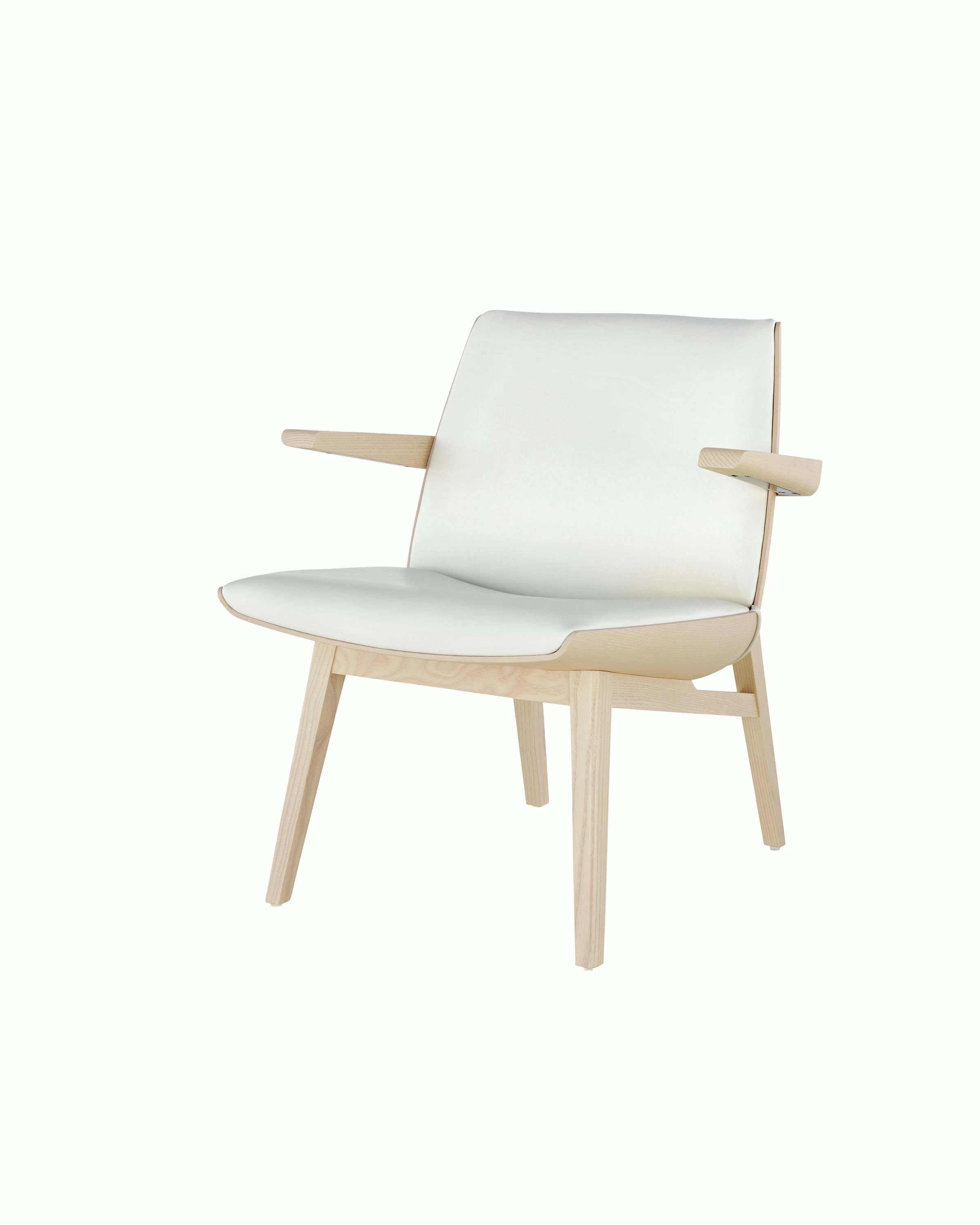 Angled view of a low-back Clamshell Lounge Chair with off-white fabric upholstery and light-ash legs.