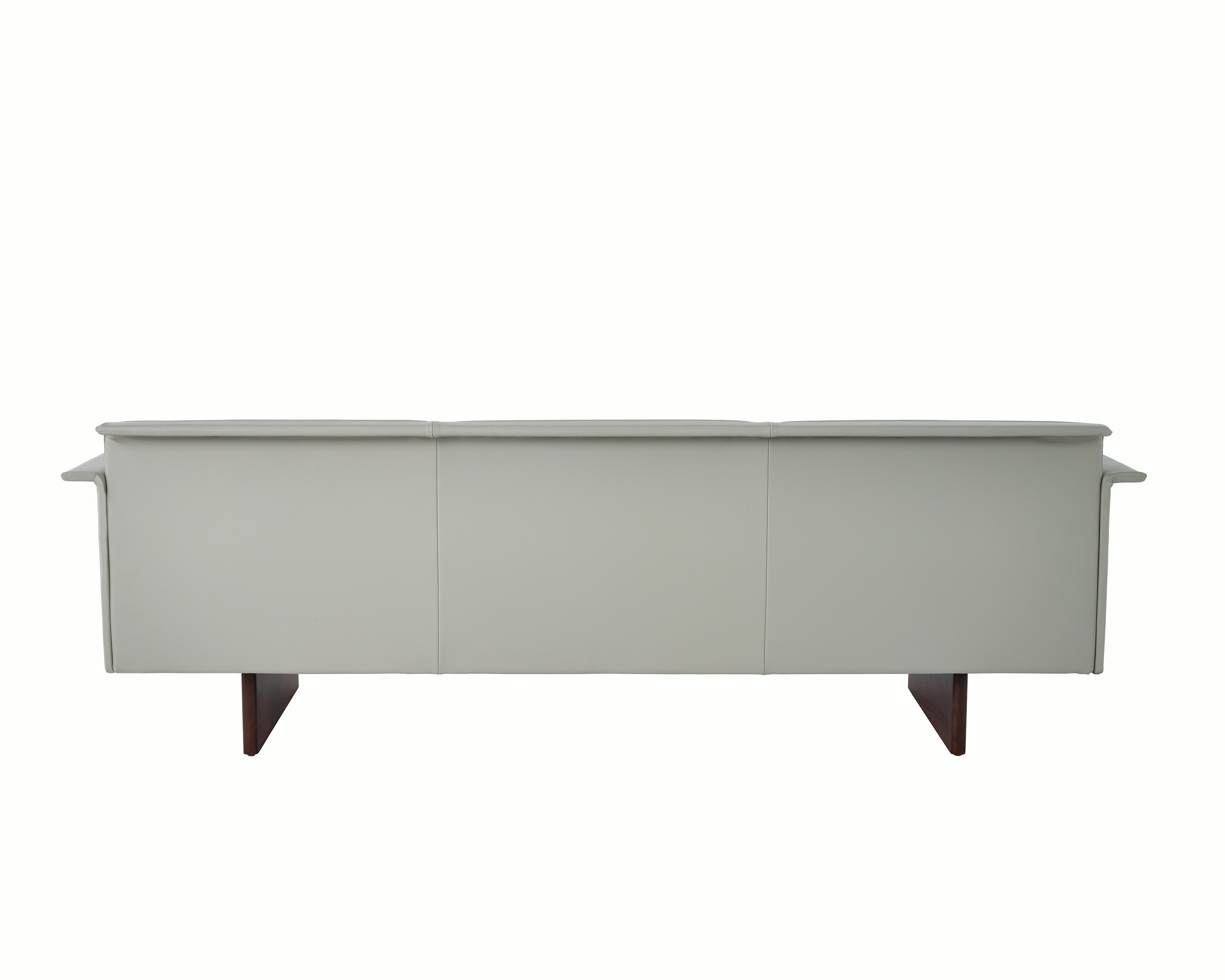 Mantle Three Seater Sofa with Walnut Wood Base in Bristol Leather Ash Gray.