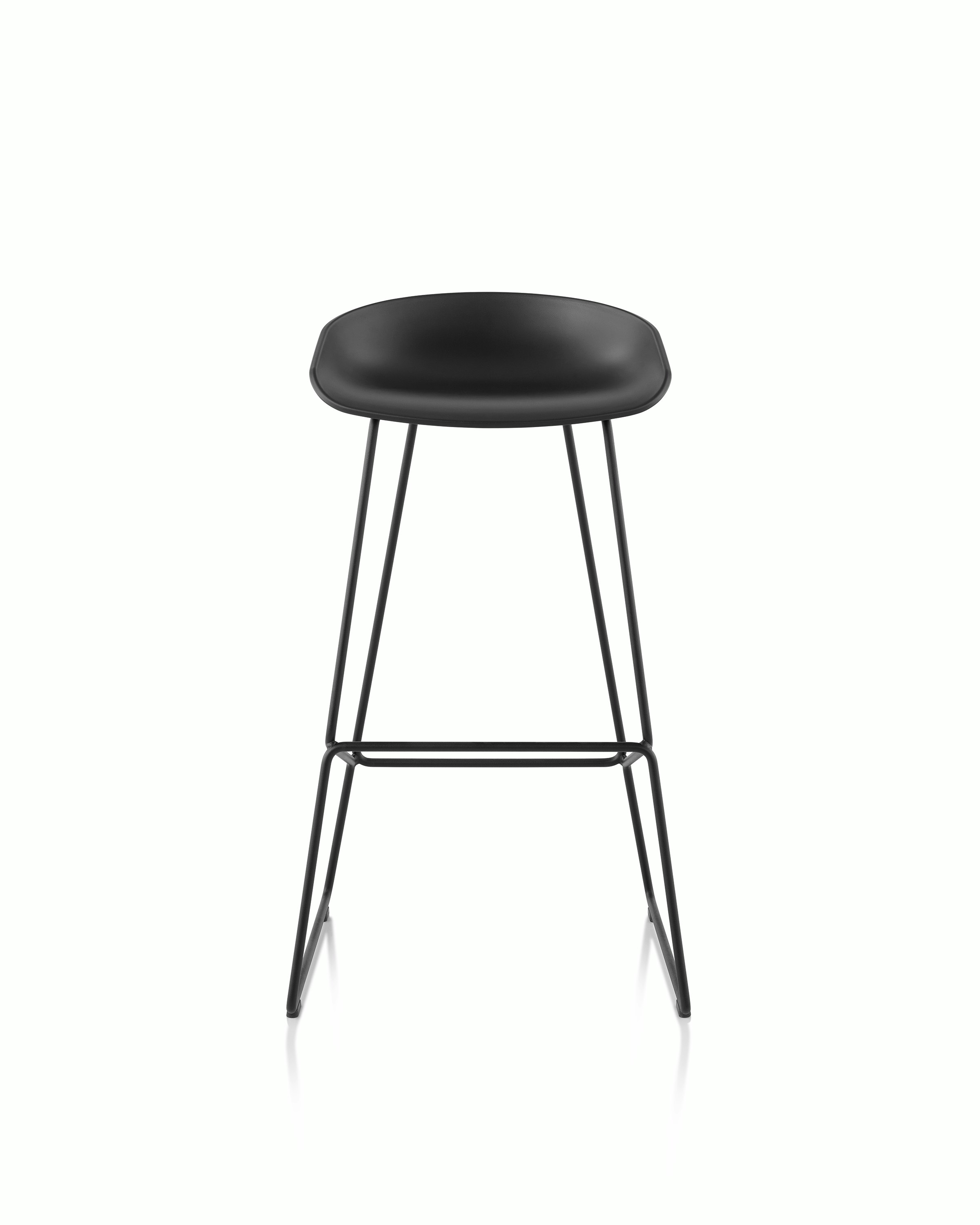 About A Stool in with a low black powder coat and black steel base.