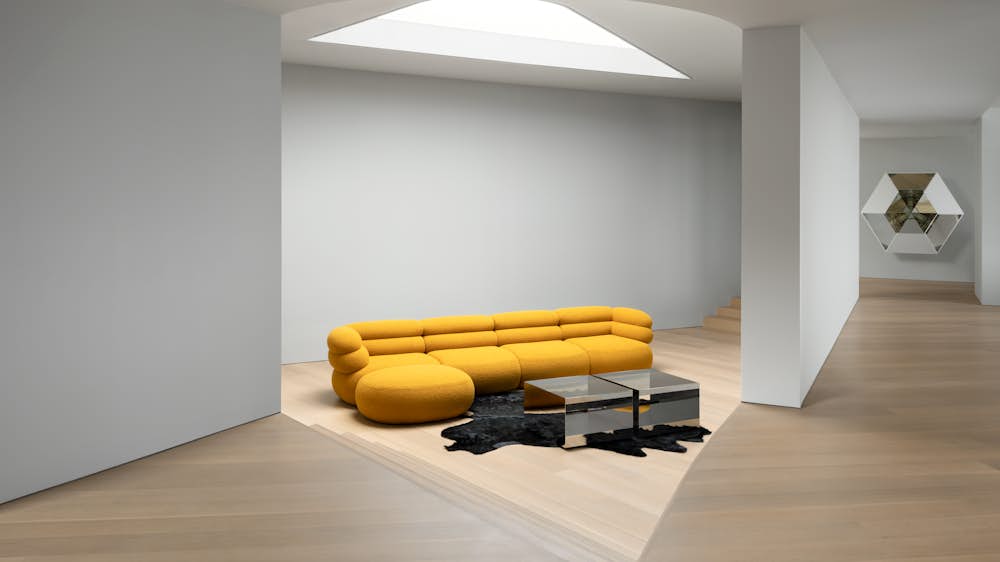 Biboni Sectional in Solid Sublime Ginger with D'Urso Occasional Table
