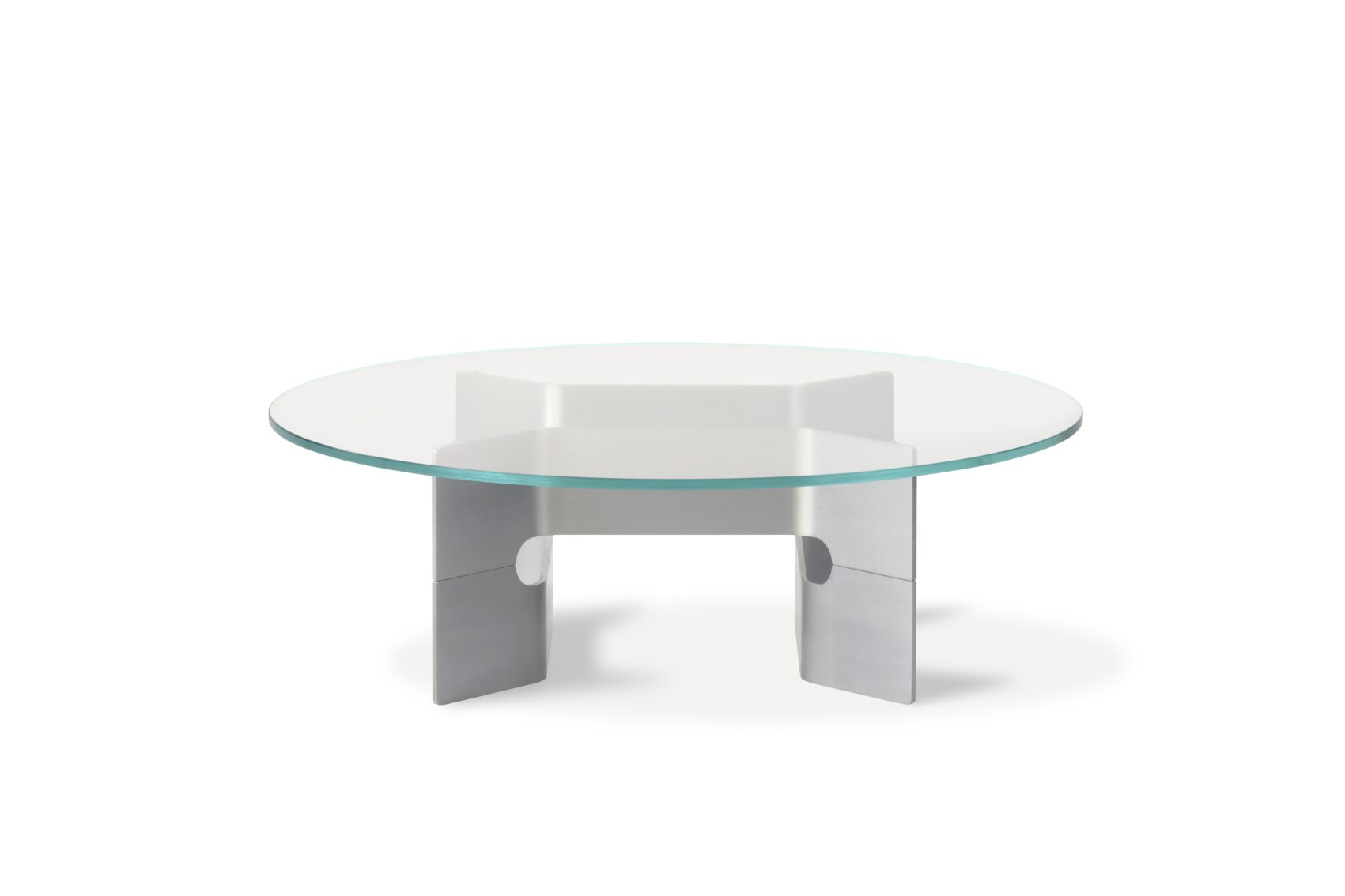 A JG Coffee Table  - Brushed Aluminum viewed from the front.