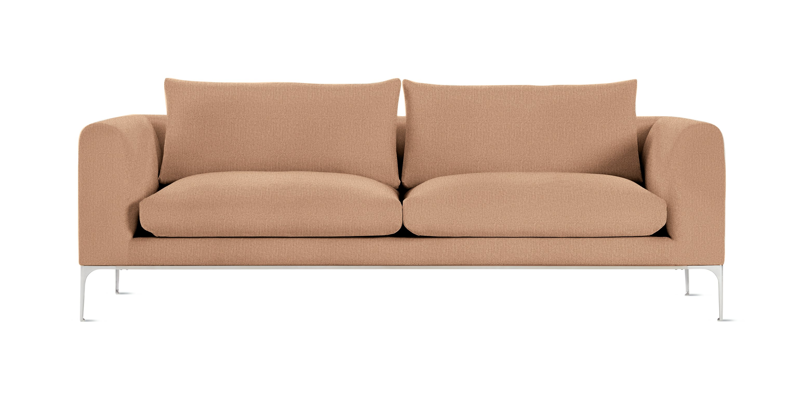 A Jonas Sofa in Mode, Camel with Aluminum finish viewed from the front.