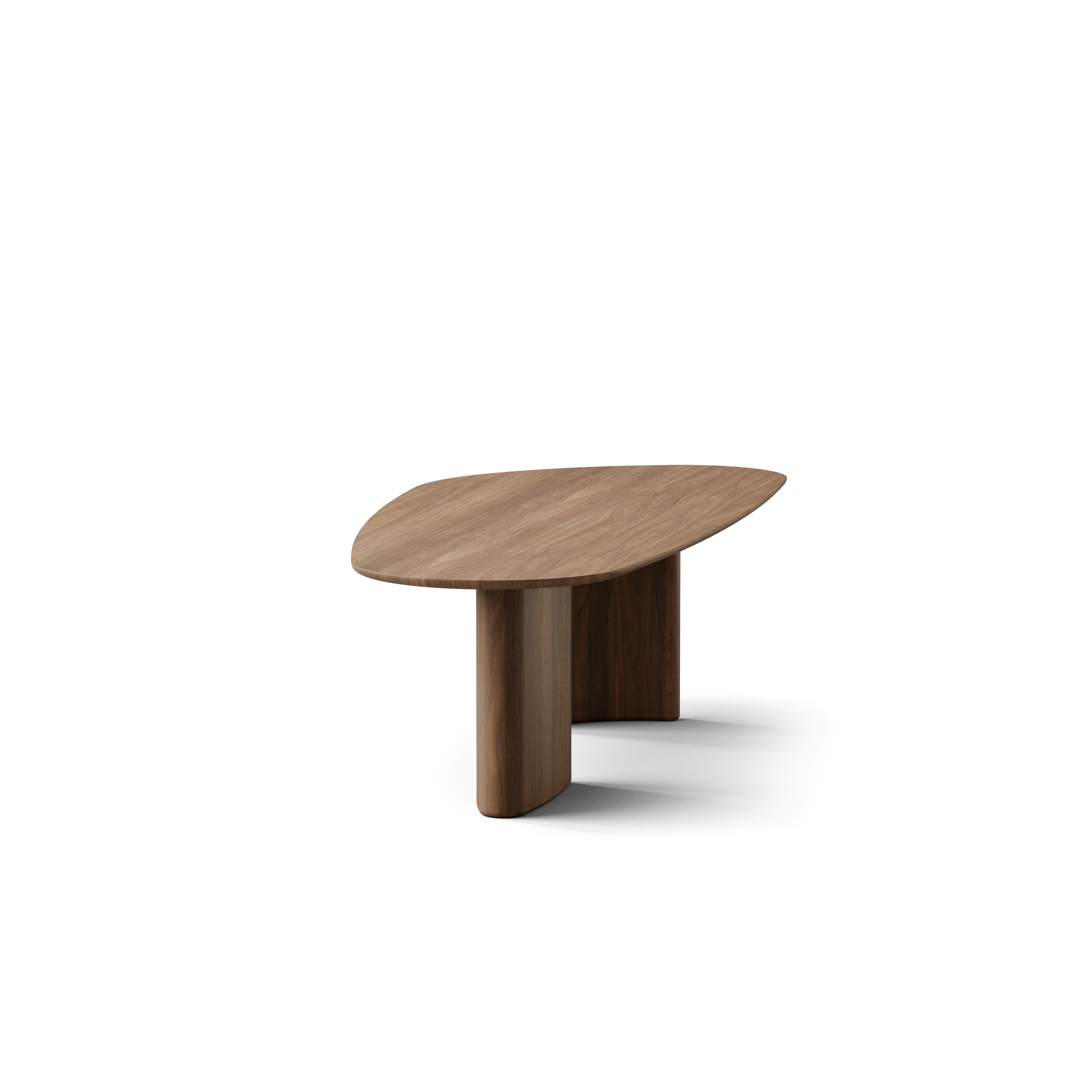 A Tangent Dining Table in Walnut viewed from the side.
