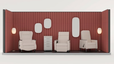 Healthcare seating from Herman Miller, including Nemschoff recliners and a Gemma recliner, arranged in front of a large red curtain at Healthcare Design Conference & Expo.