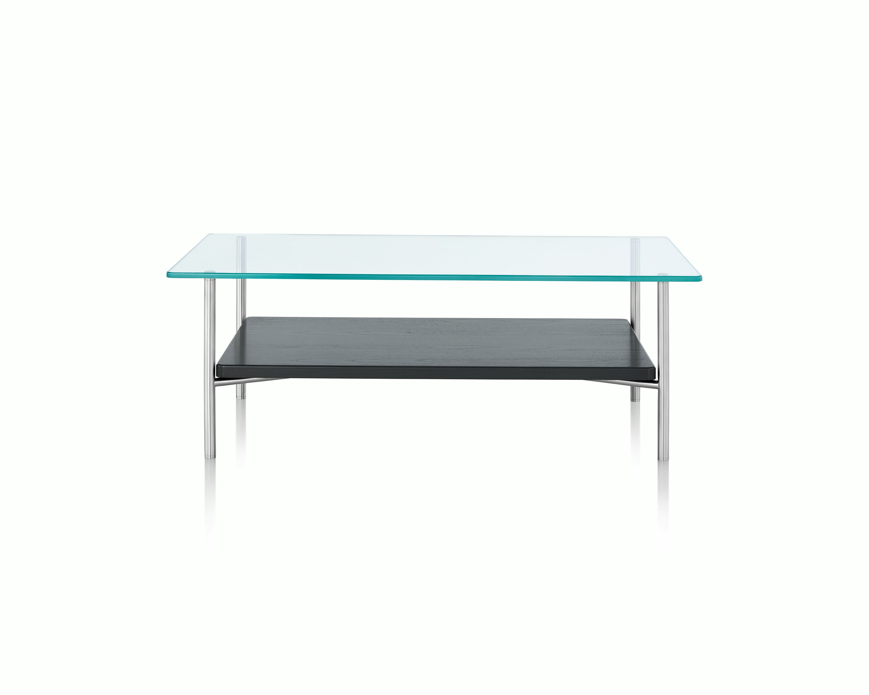 A rectangular Layer coffee table with a glass top and black marble lower shelf, viewed from the front.