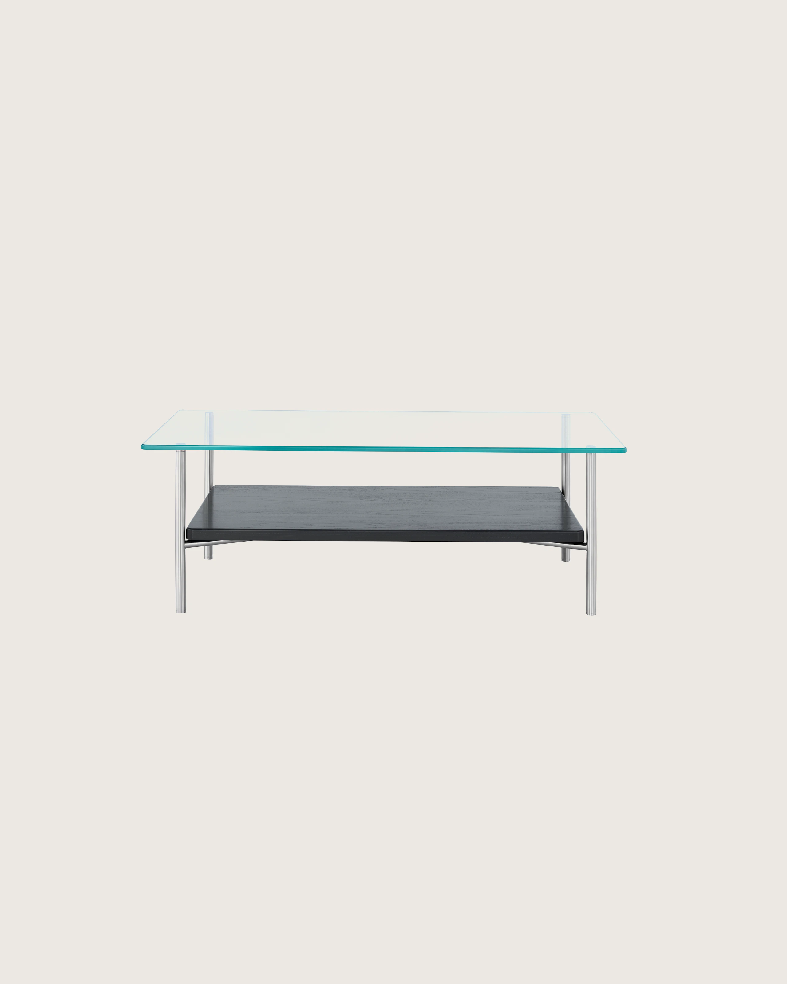 A rectangular Layer coffee table with a glass top and black lower shelf, viewed from the front.