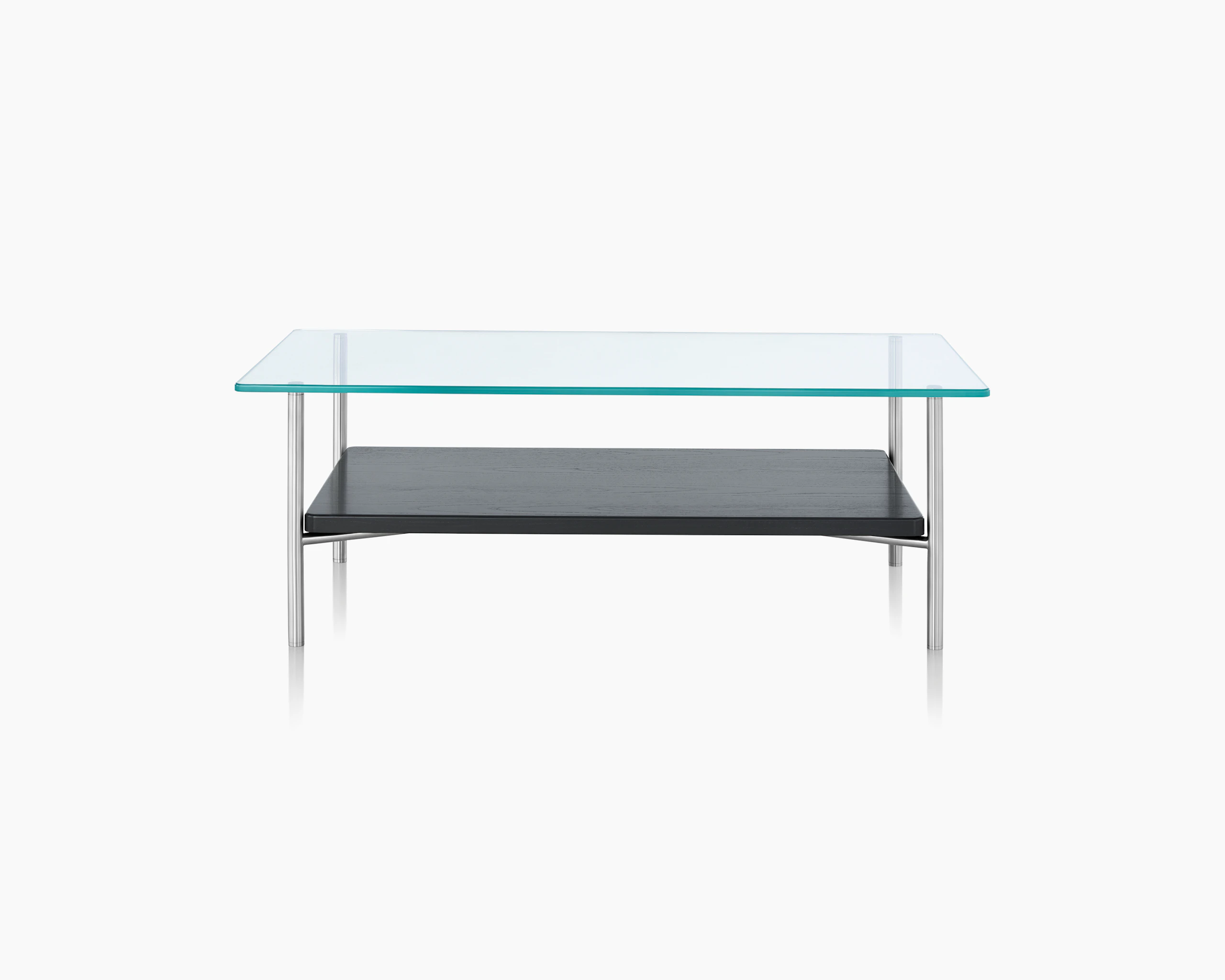 A rectangular Layer coffee table with a glass top and black marble lower shelf, viewed from the front.