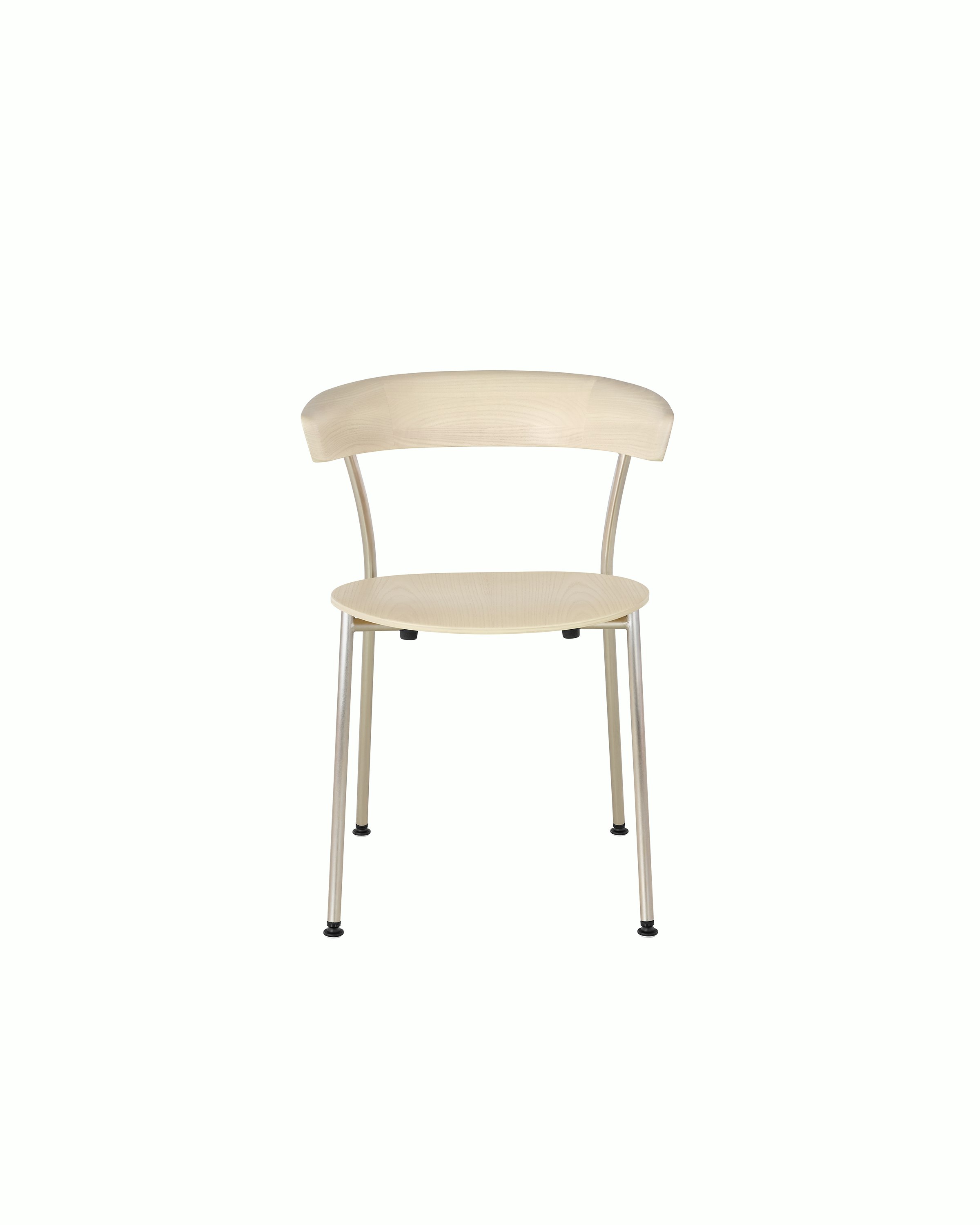 A Leeway side chair with a metal frame and a wood backrest and seat in a light finish, viewed from the front.