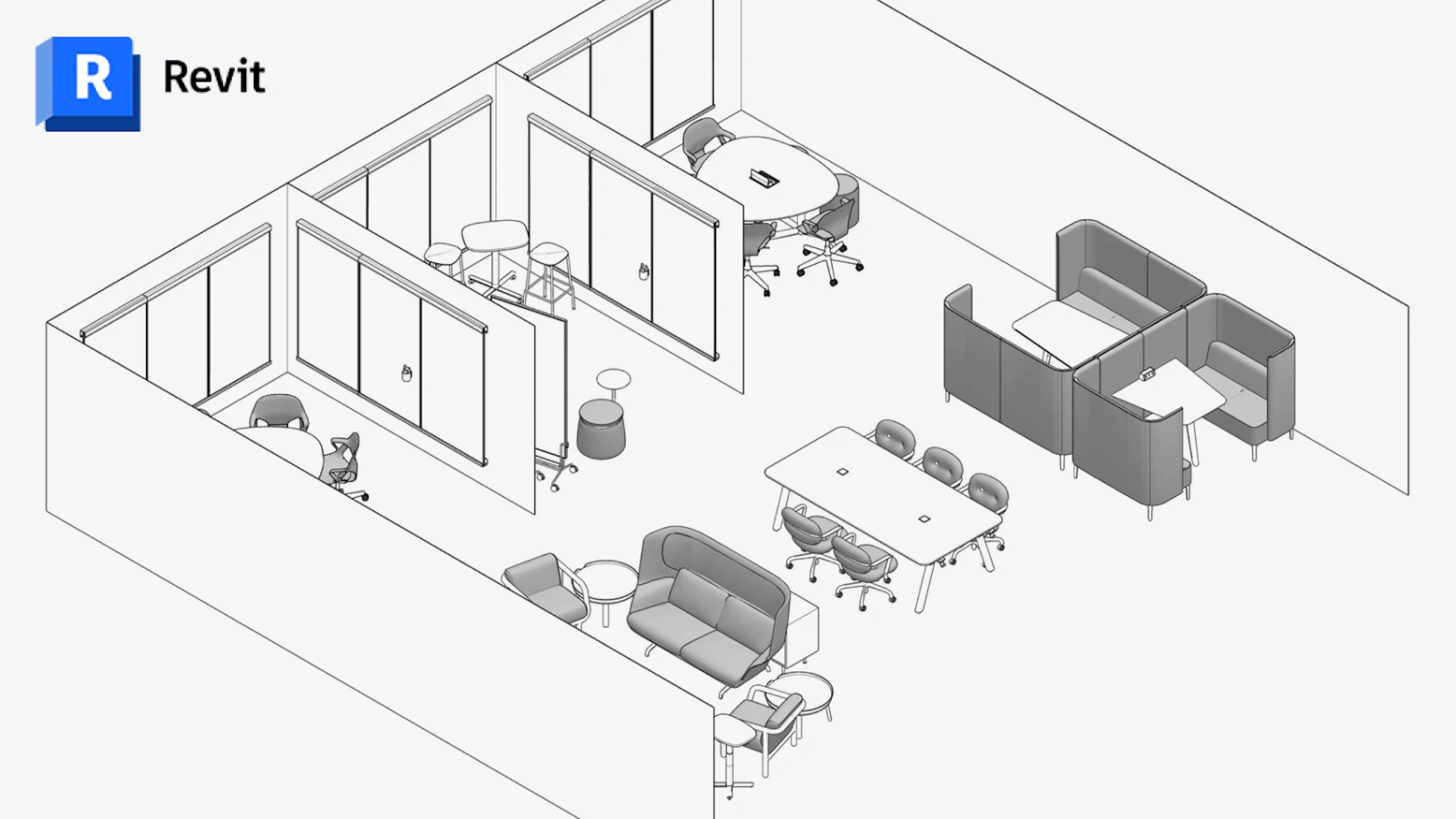 Isometric view of a student lounge design in Revit, featuring seating options including sofas, chairs, booths, and tables from the MillerKnoll collective.