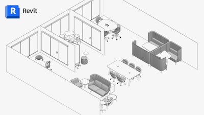 Isometric view of a student lounge design in Revit, featuring seating options including sofas, chairs, booths, and tables from the MillerKnoll collective.