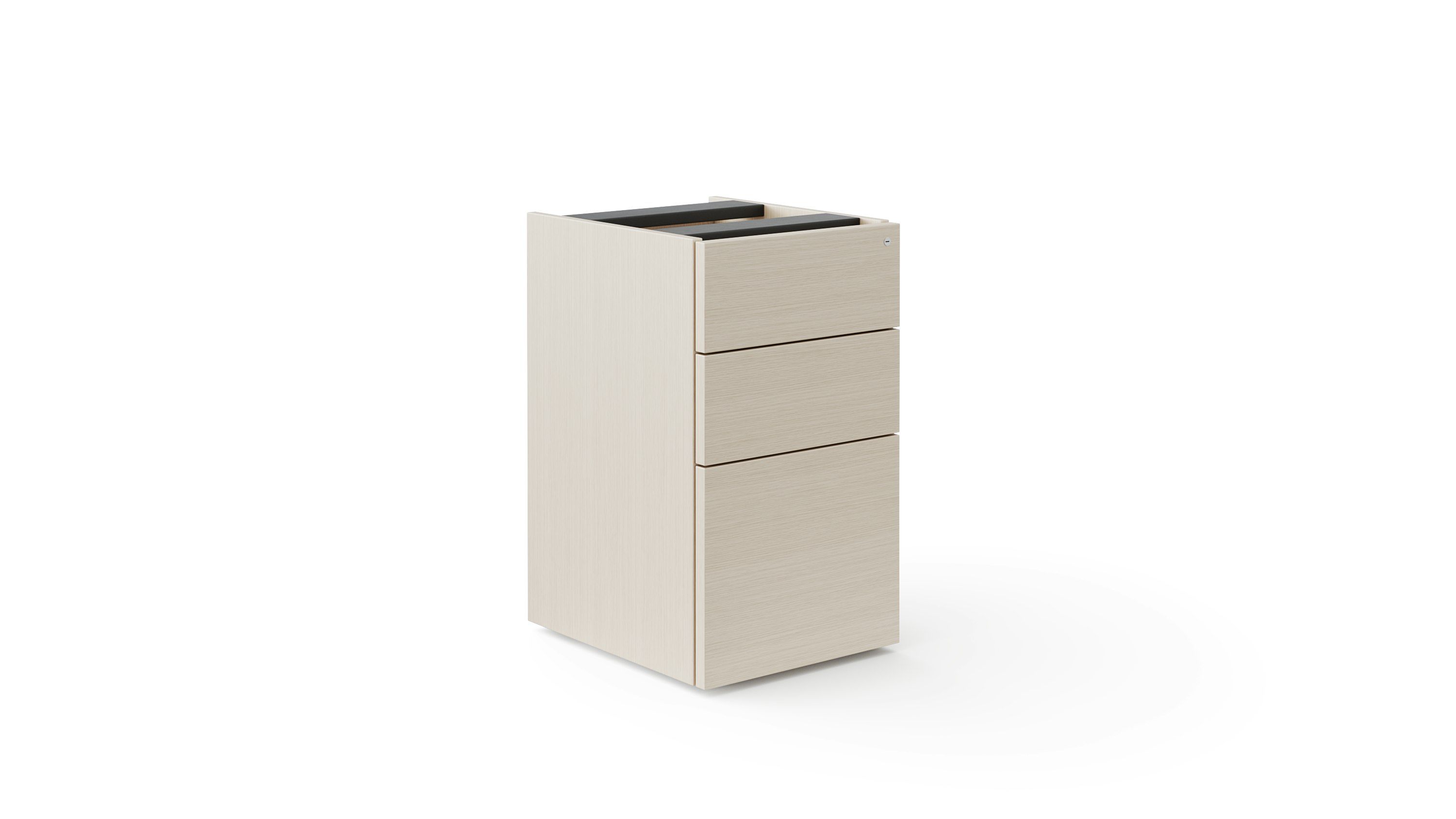 A storage pedestal is shown in a light color veneer with 3 sliding doors fully closed.
