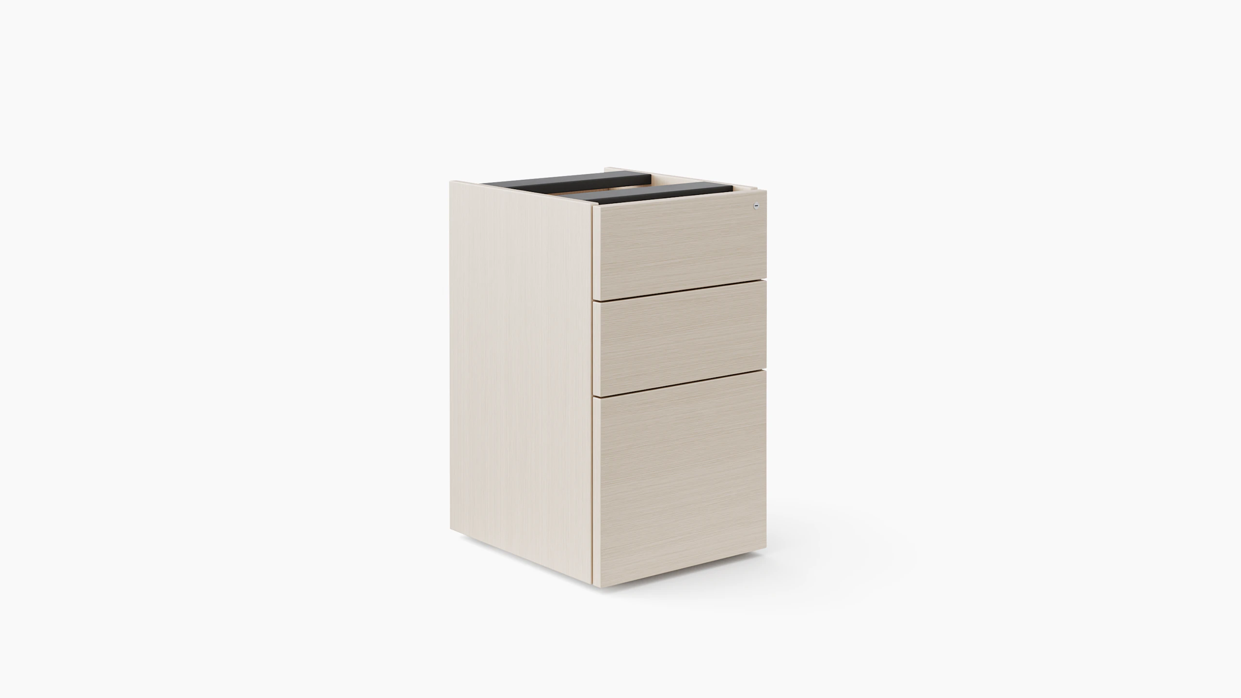 A storage pedestal is shown in a light color veneer with 3 sliding doors fully closed.
