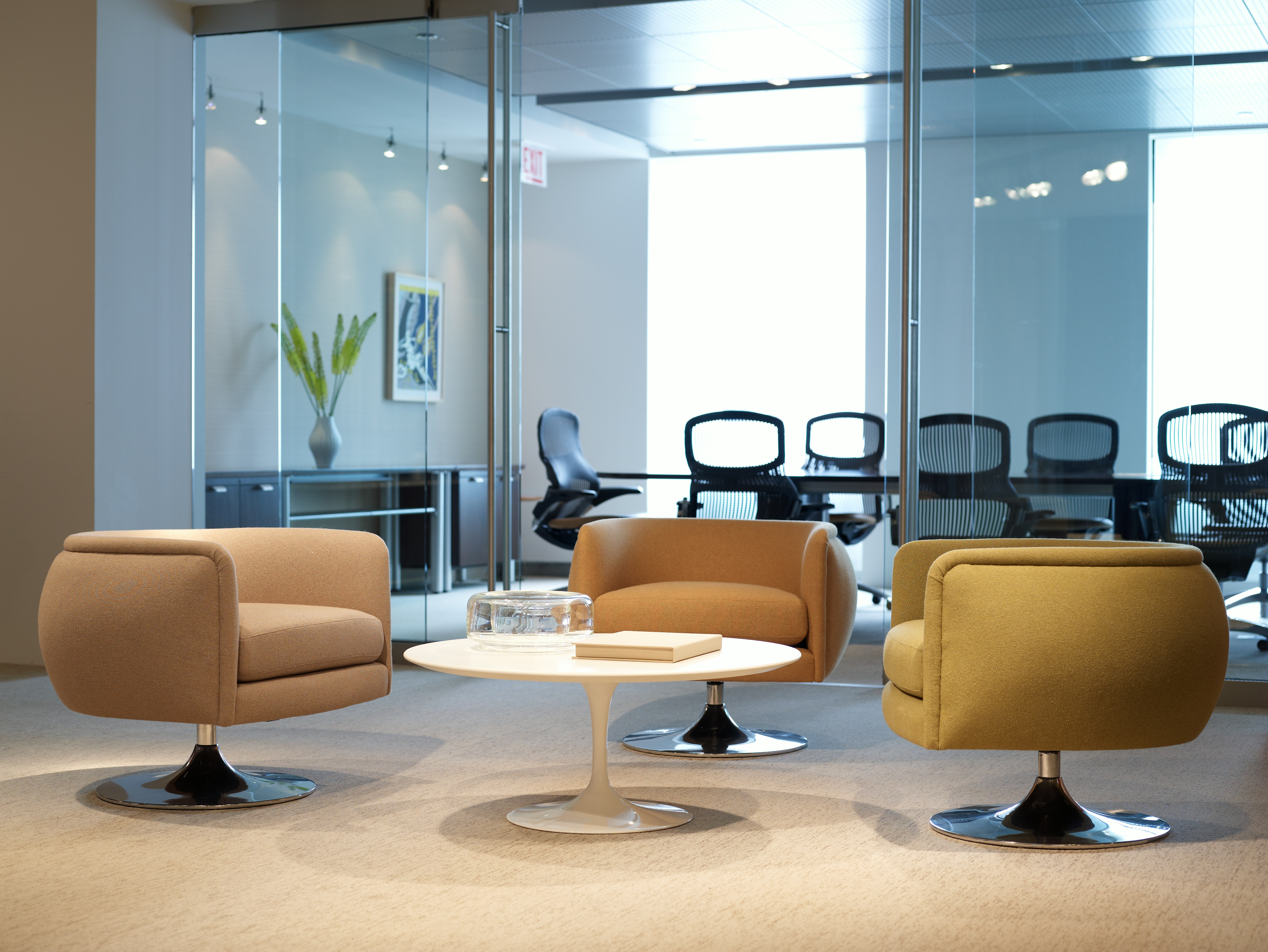 Joseph Paul D'Urso swivel chairs in Cornaro Harvest and Meadow KnollTextiles