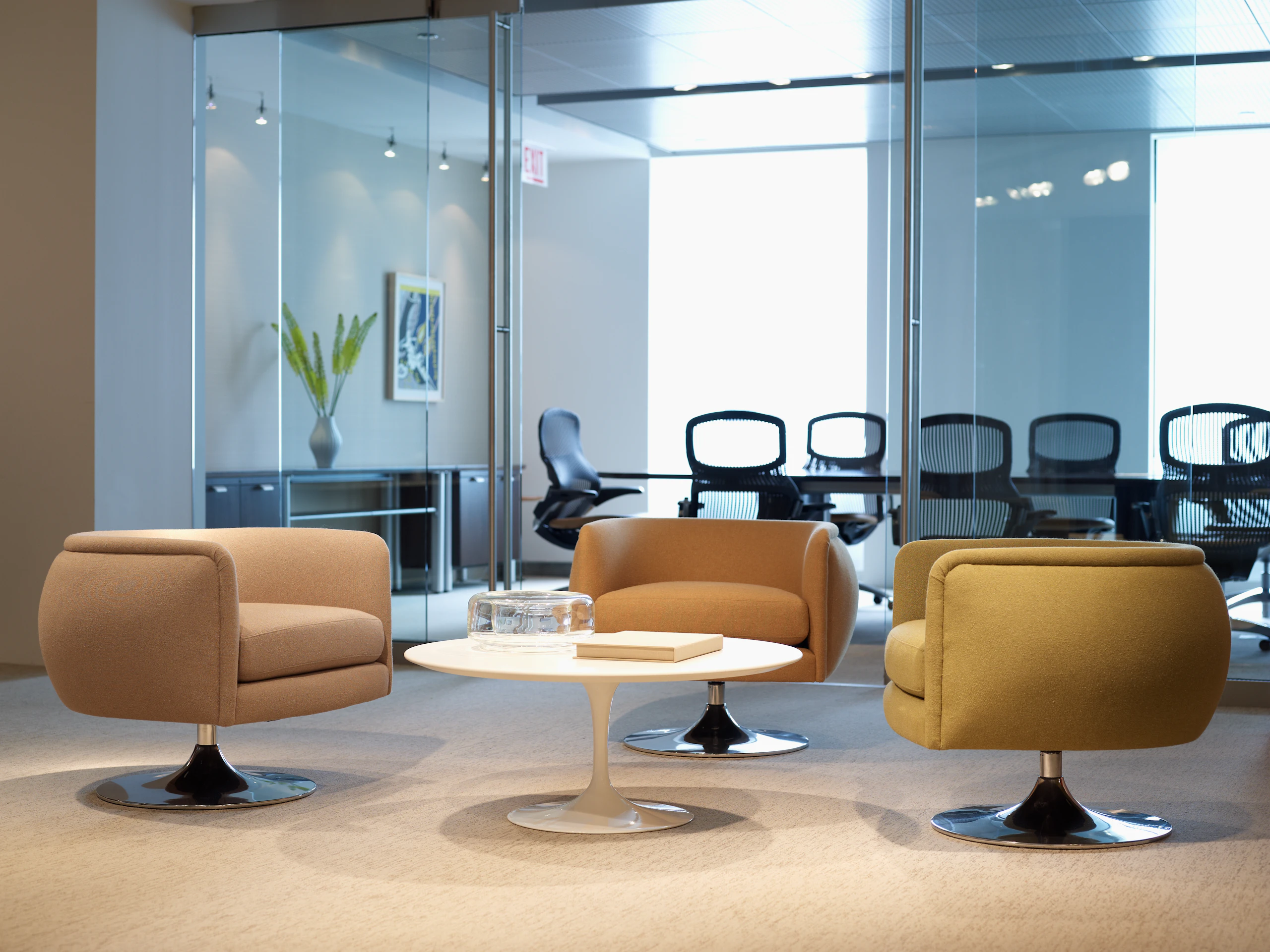 Joseph Paul D'Urso swivel chairs in Cornaro Harvest and Meadow KnollTextiles