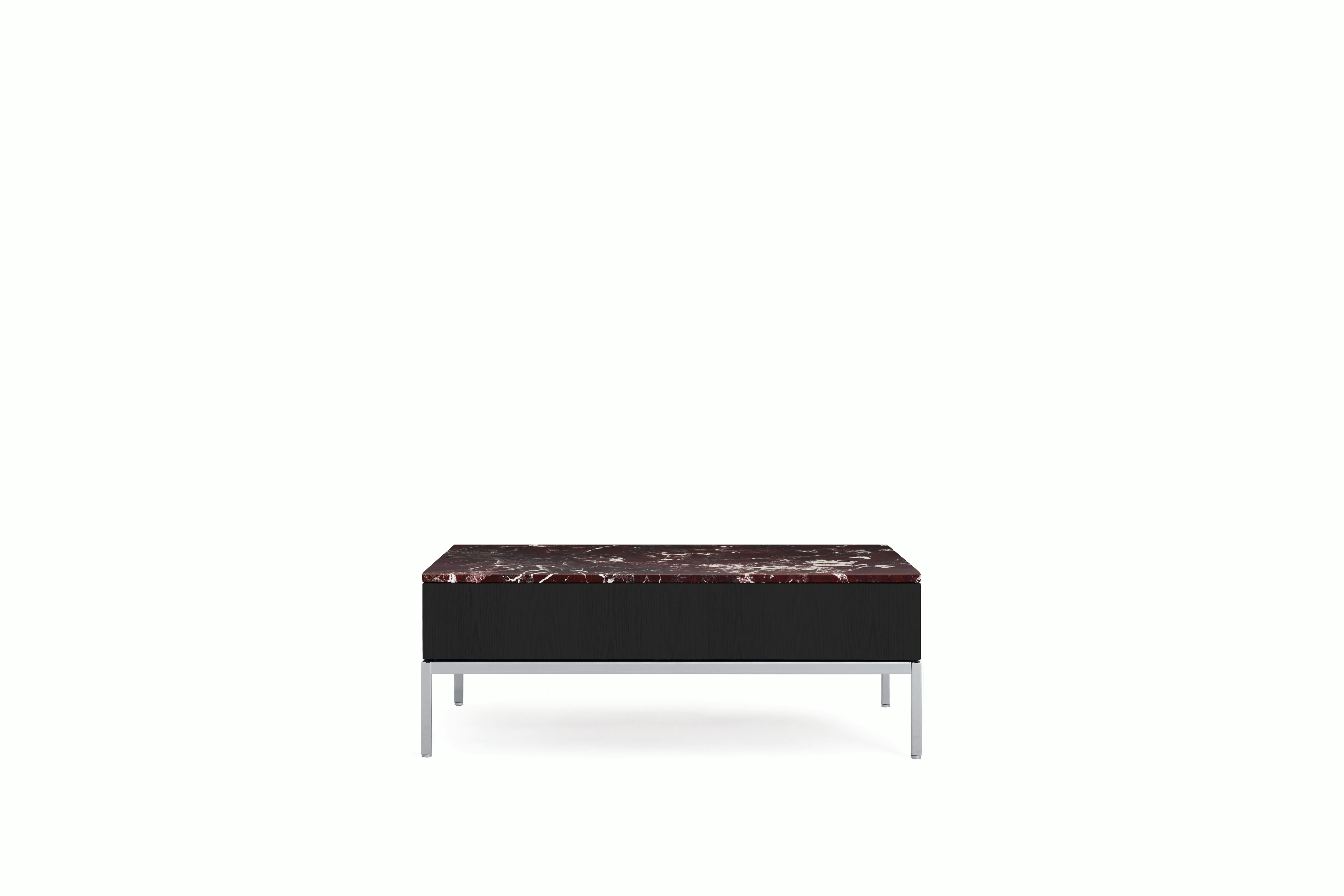 A Knoll Chermayeff Coffee Table in Ebony, Rosso Rubino Satin Coated Marble viewed from the front.