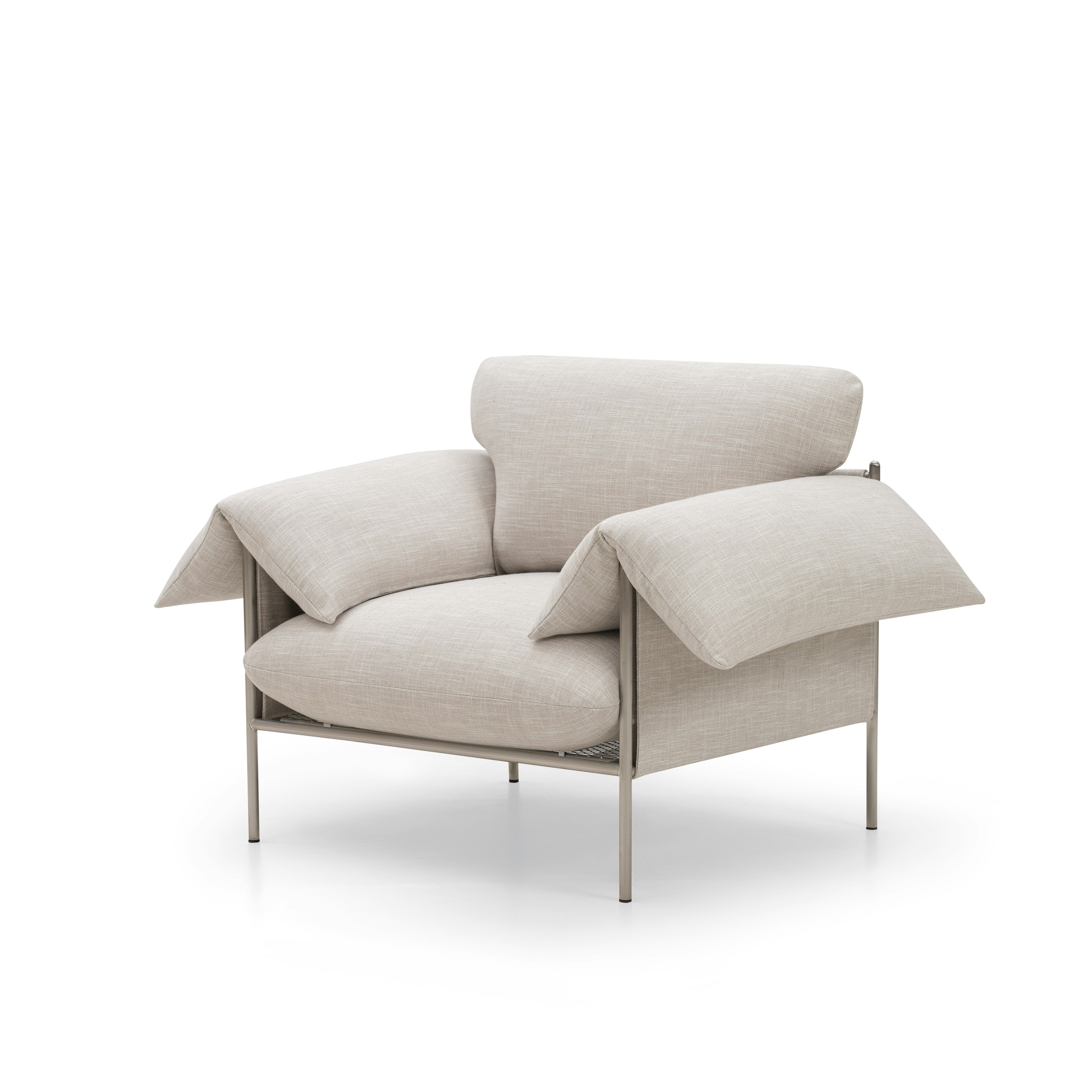 A Alva Chair in Byron Oyster with a Brushed Steel finish viewed from an angle