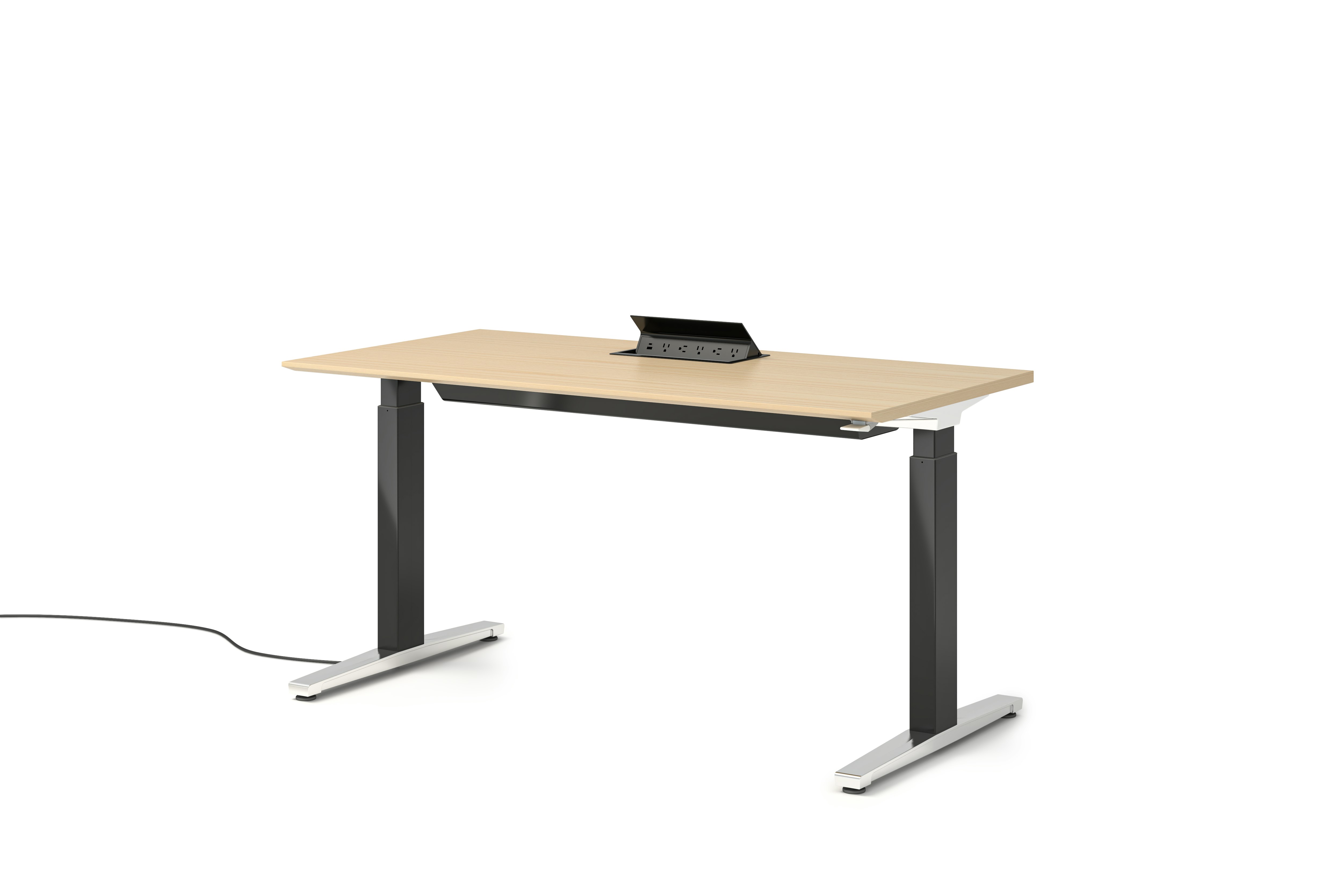 Renew S2S Embedded Power Desk - Standard,  29 x 58,  Veneer White Ash,  Graphite Satin / Polished Aluminum,  Integrated Cord Management,  Hidden Power,  Standard,  T Leg