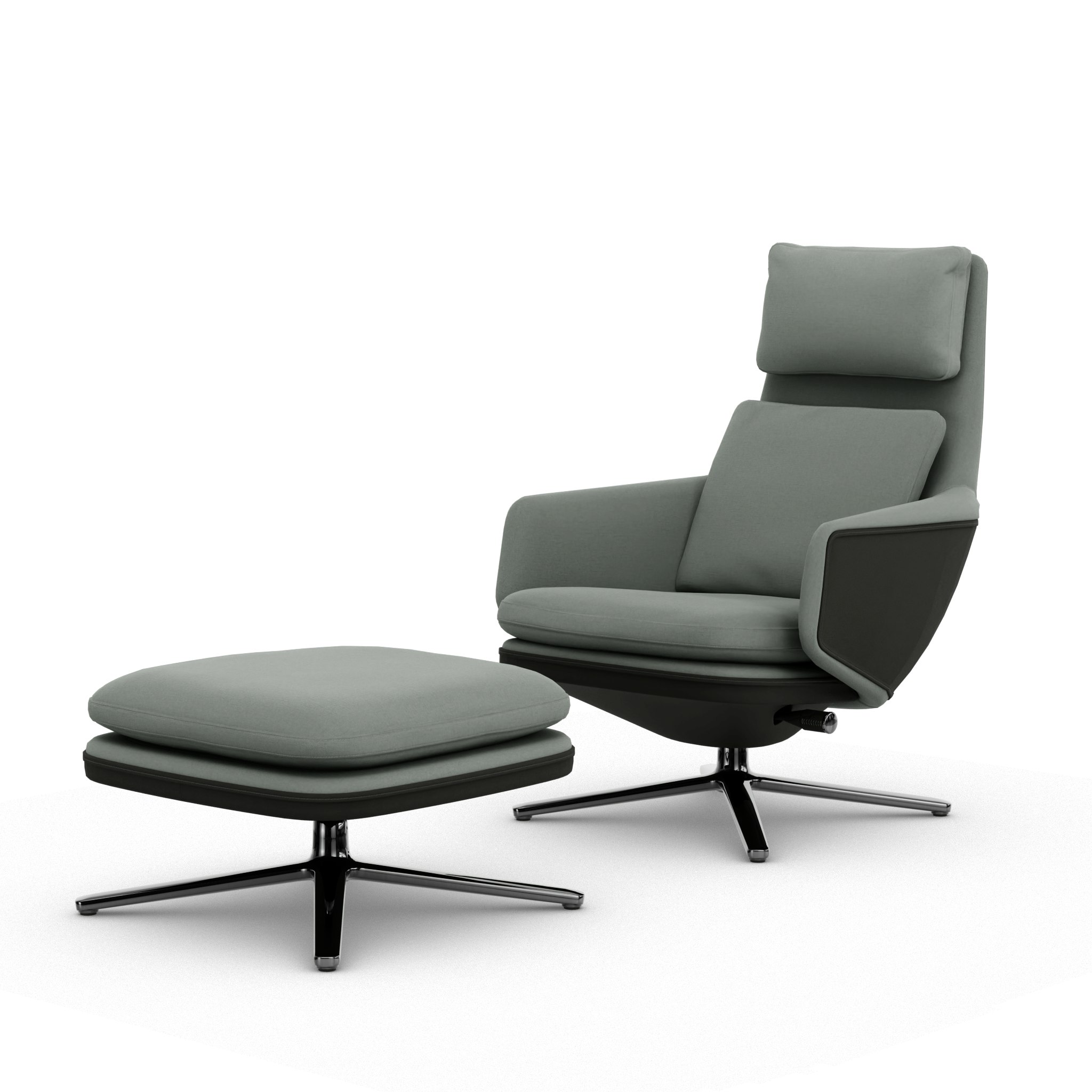 Grand Relax Lounge Chair and Ottoman - Hola, Cement, Back Uph, Leather Forte, Umbra Grey, Polished Aluminum
