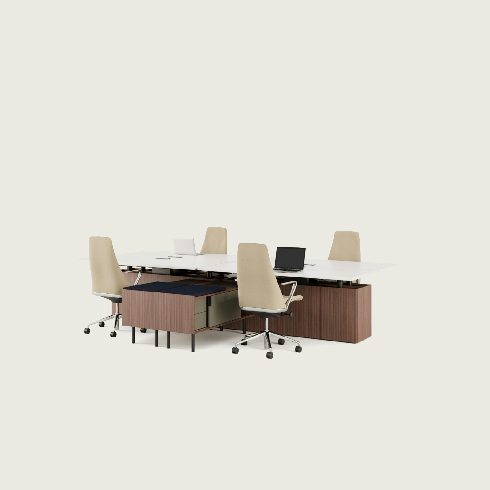 enching workstations featuring Geiger One Casegoods and Taper Chairs.
