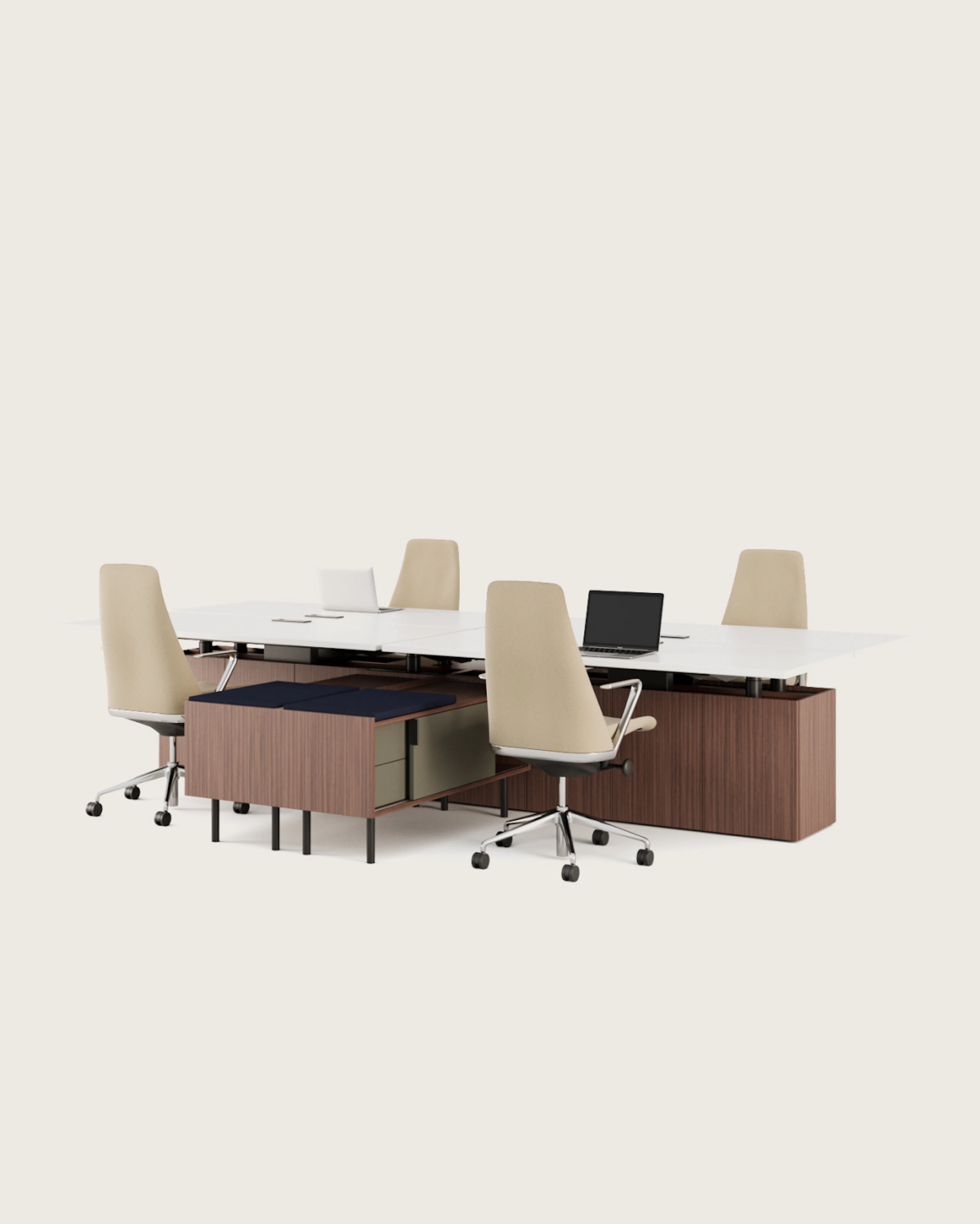 enching workstations featuring Geiger One Casegoods and Taper Chairs.