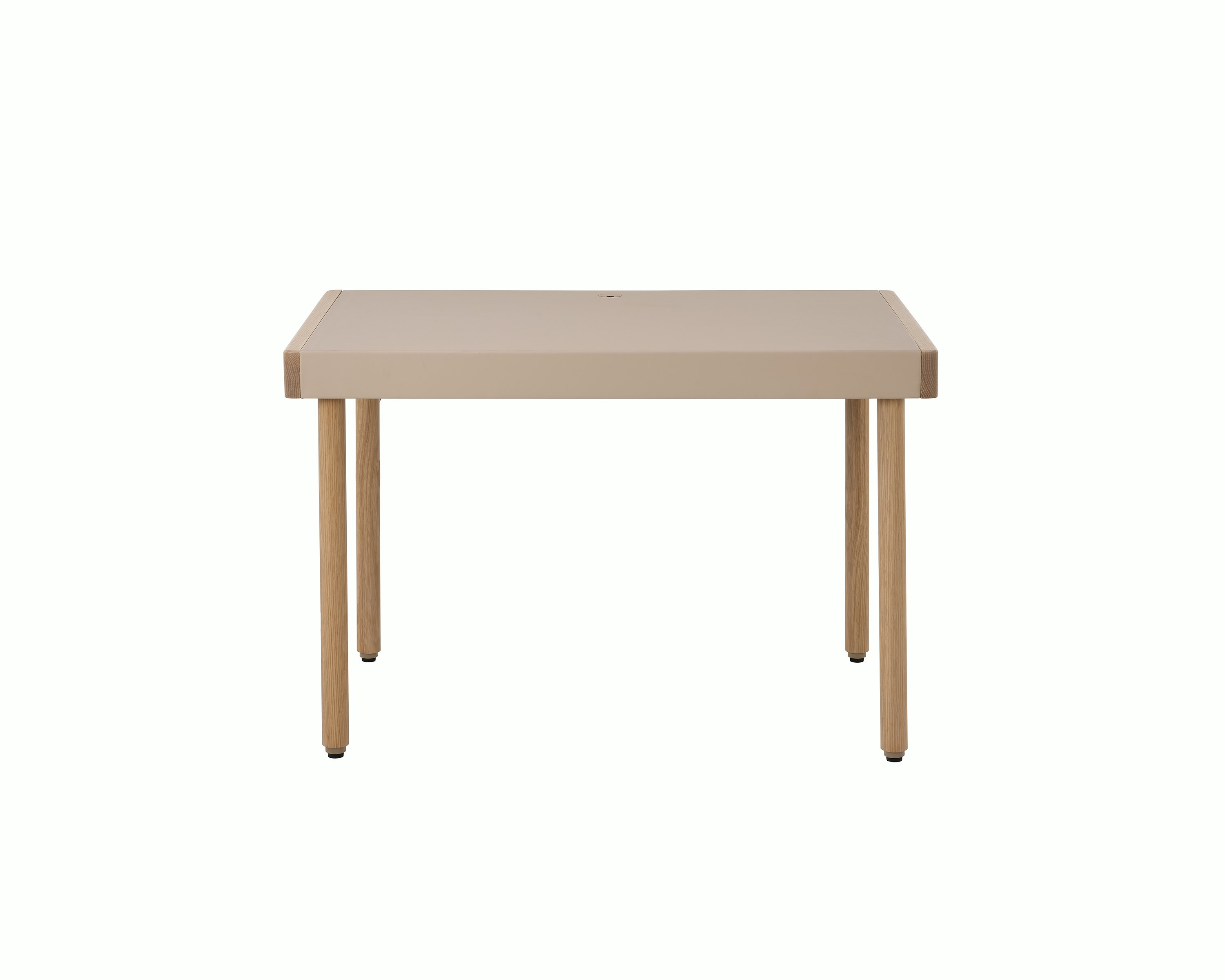 New Canaan Leatherwrap Sit-to-Stand Desk in Oak and Champagne Leather, no drawers, front view.