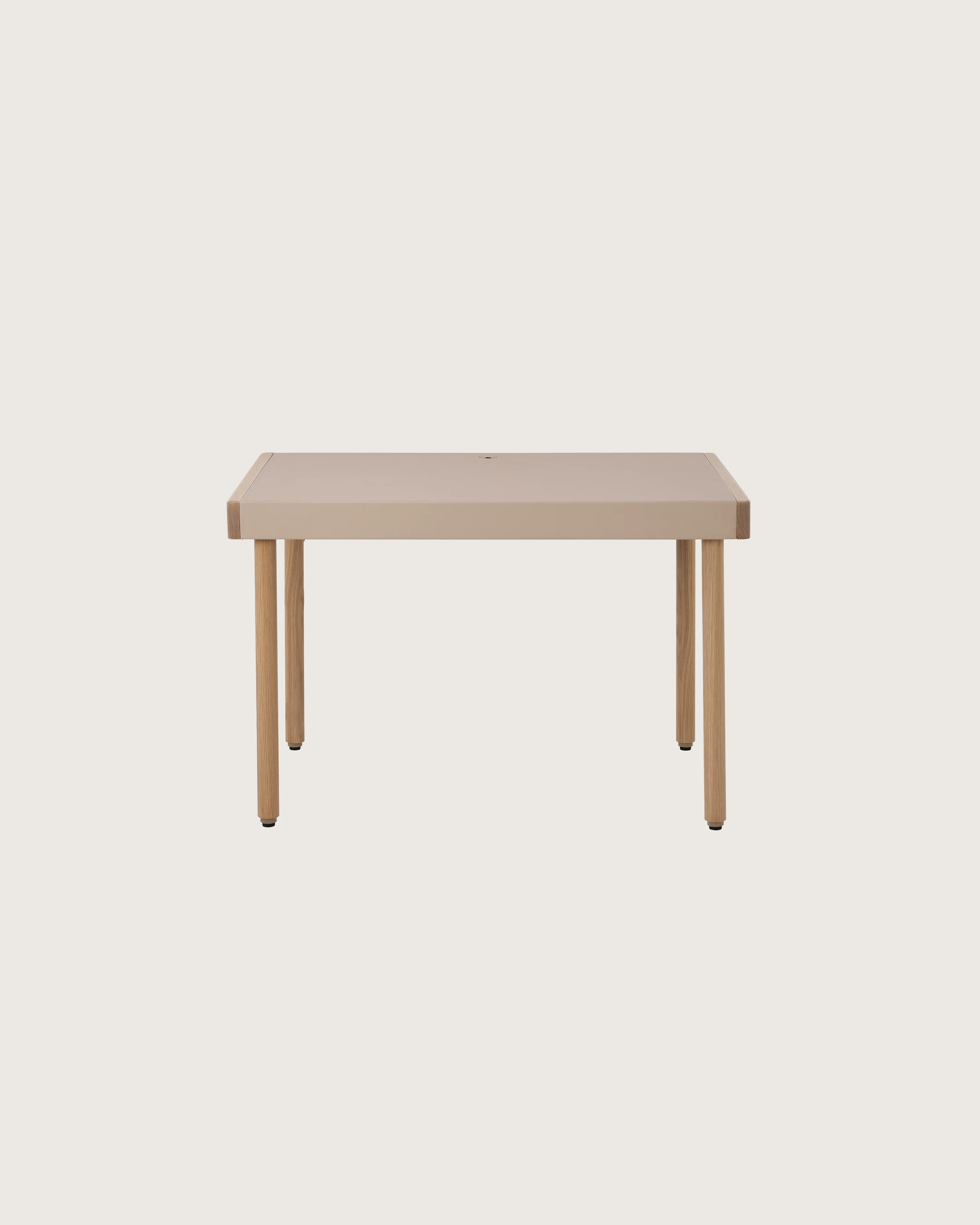 New Canaan Leatherwrap Sit-to-Stand Desk in Oak and Champagne Leather, no drawers, front view.