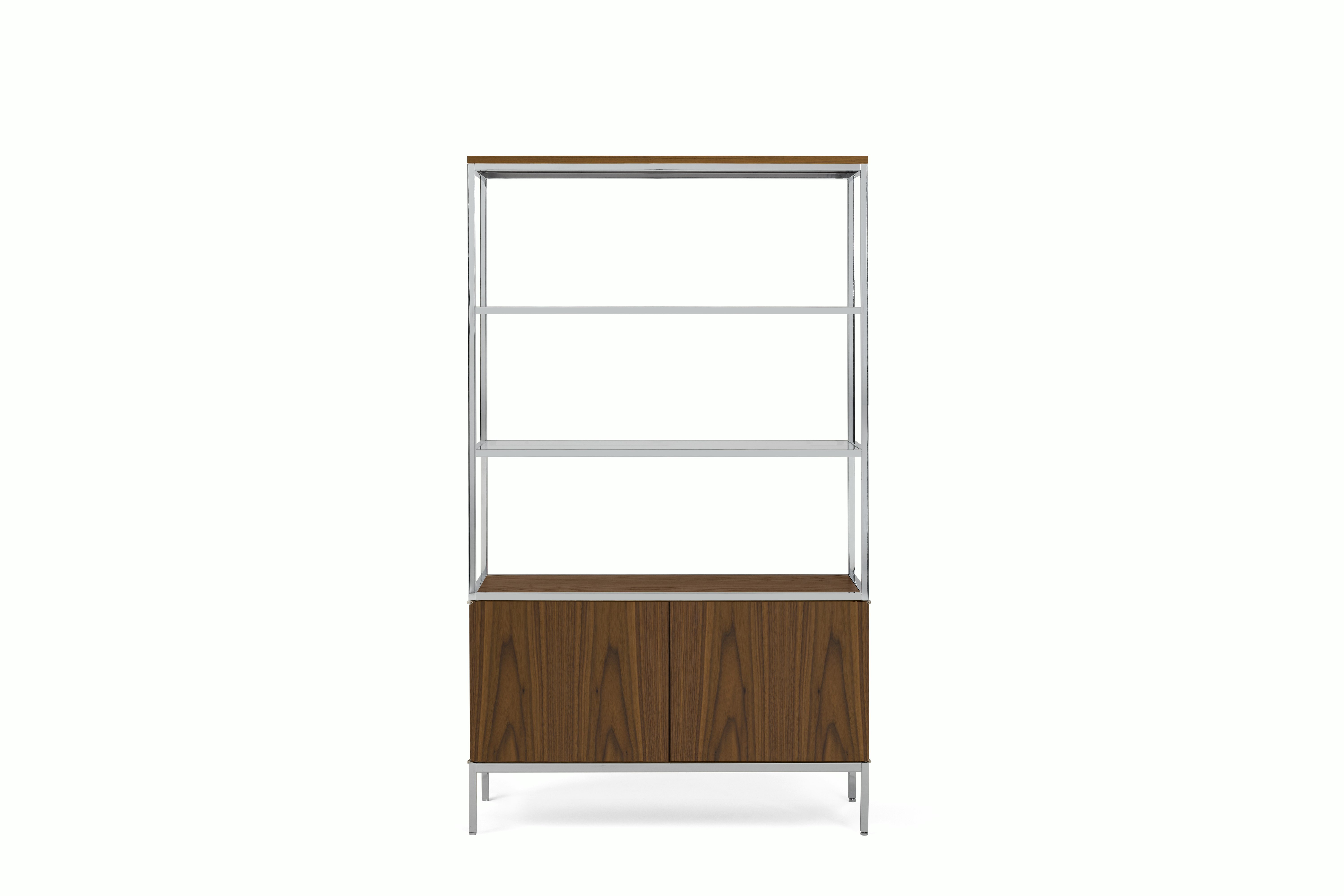 A Knoll Chermayeff Bookcase in Walnut viewed from the front.