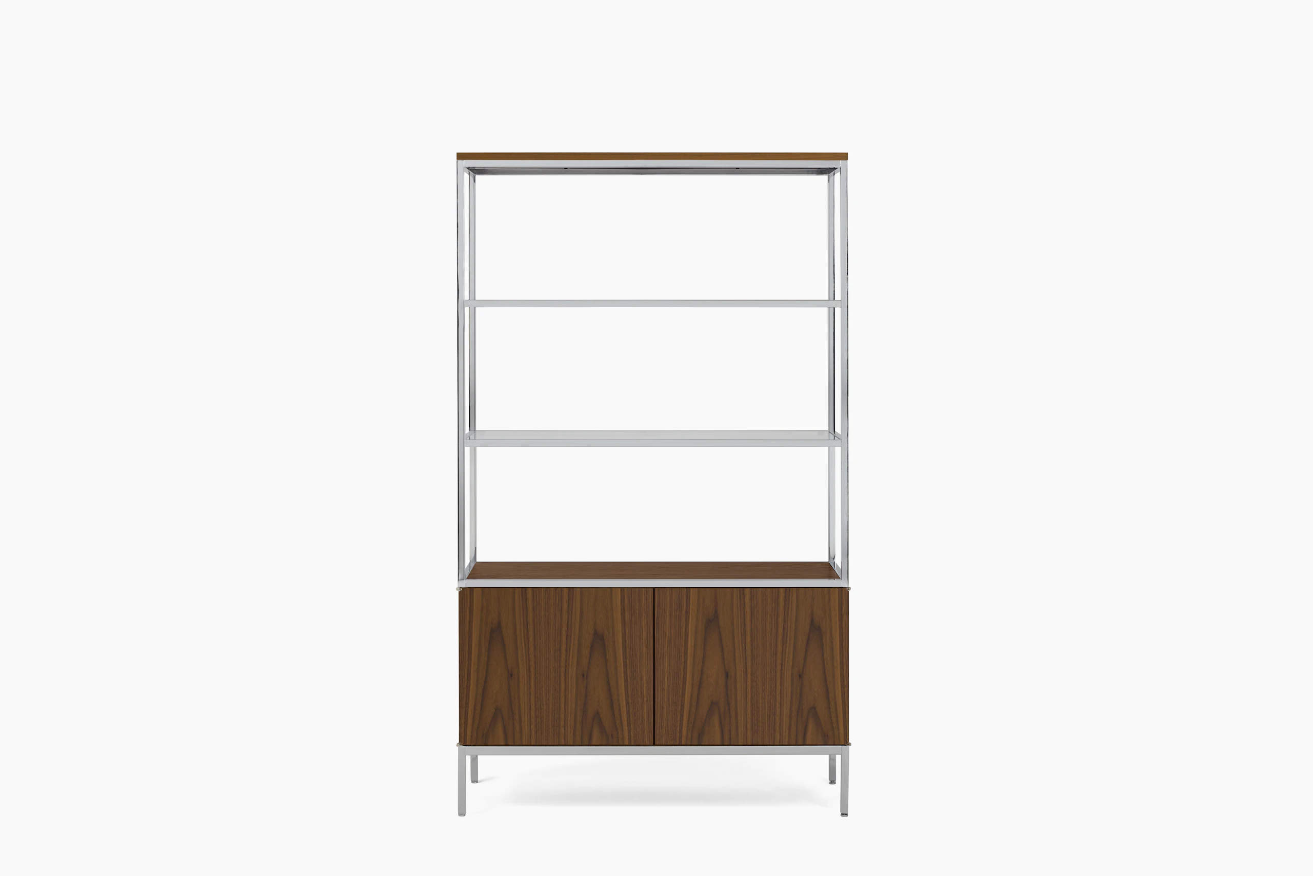 A Knoll Chermayeff Bookcase in Walnut viewed from the front.