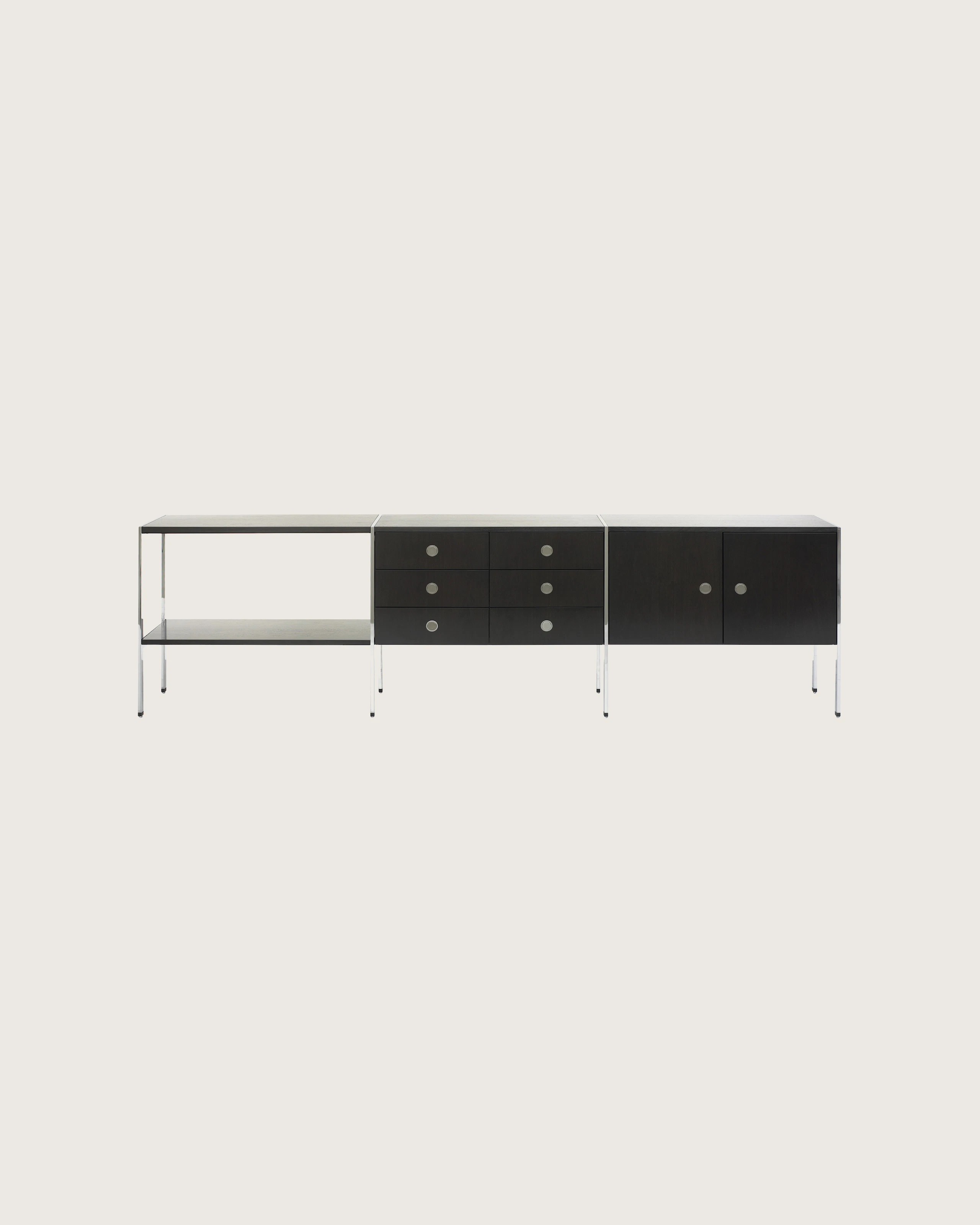 A three-unit H Frame Storage credenza with a dark wood finish and modules for open shelving, box drawers, and enclosed cabinets.