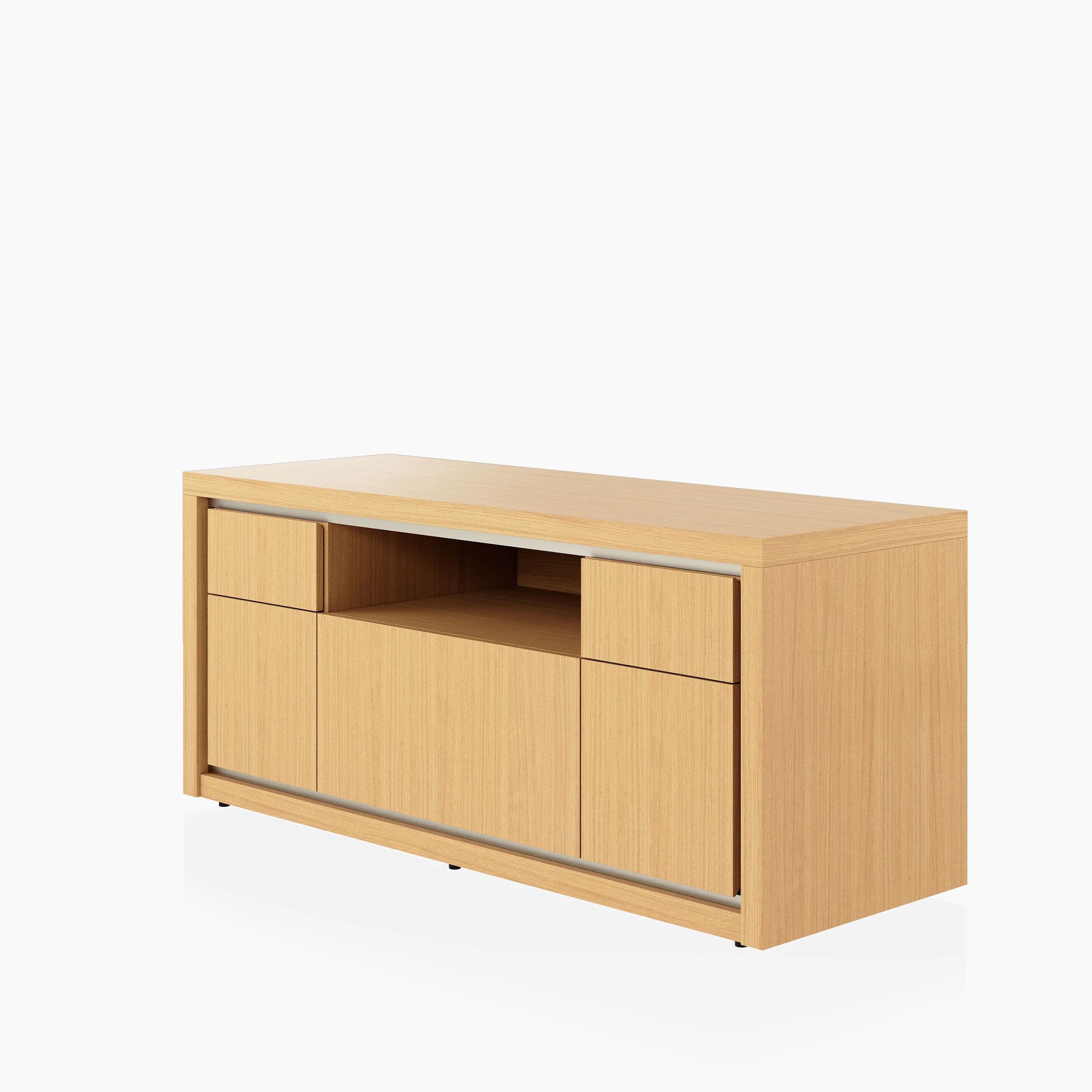 Highline Fifty Credenza in Natural Rift Cut Oak with Satin Nickel trim viewed from a 45 degree angle.