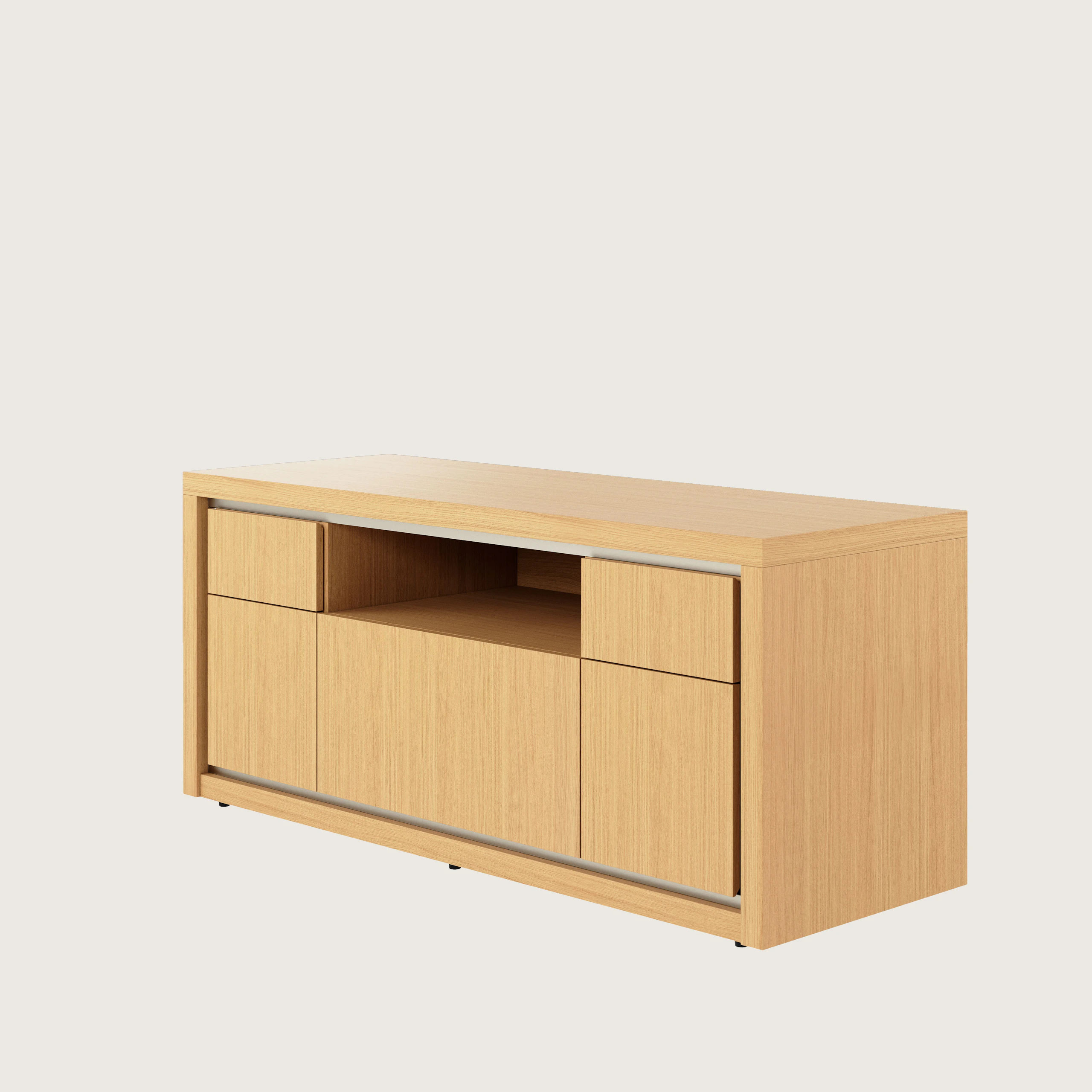 Highline Fifty Credenza in Natural Rift Cut Oak with Satin Nickel trim viewed from a 45 degree angle.