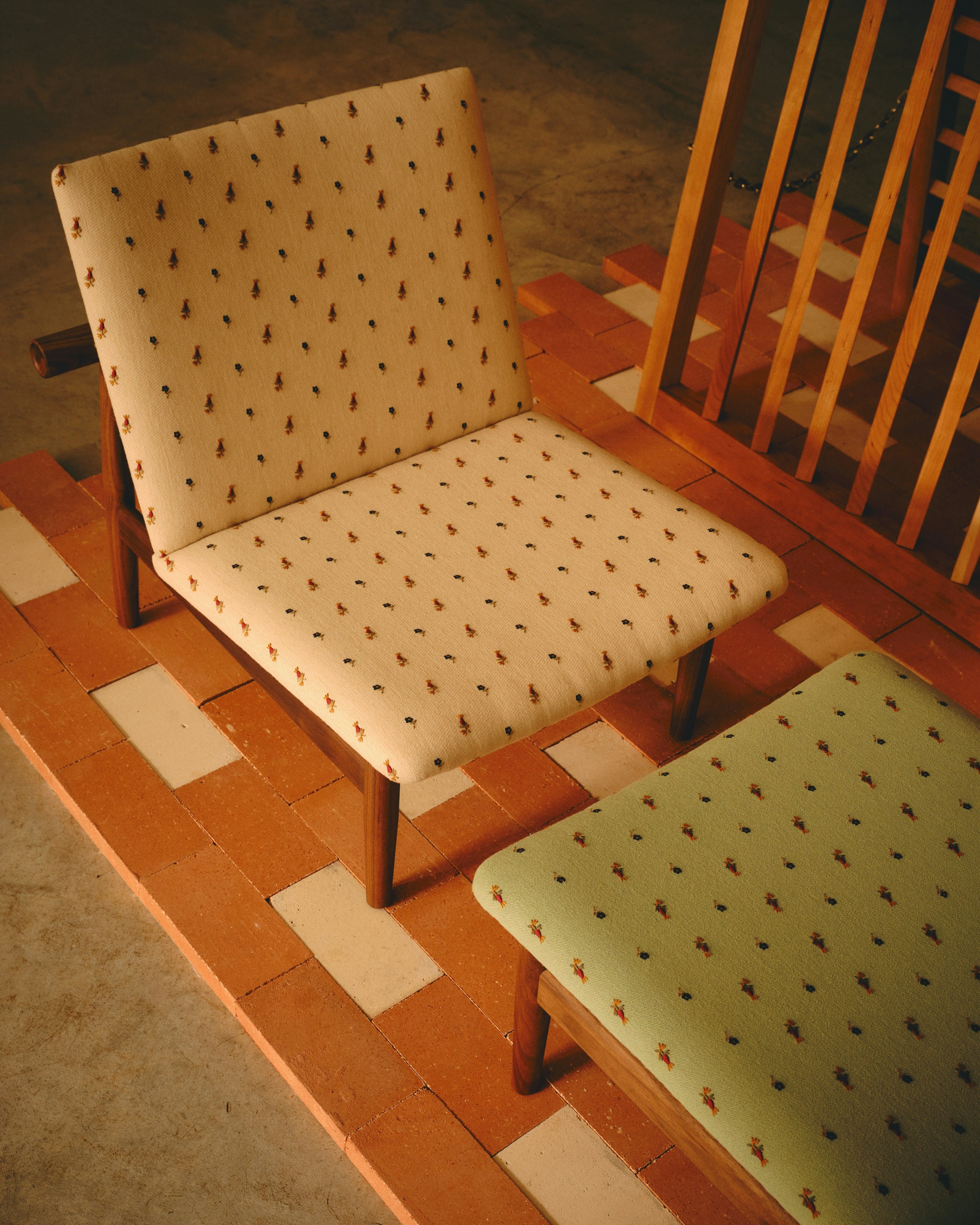 Environmental Shot of Japan Chair in floral soft linen, Walnut  Legs.